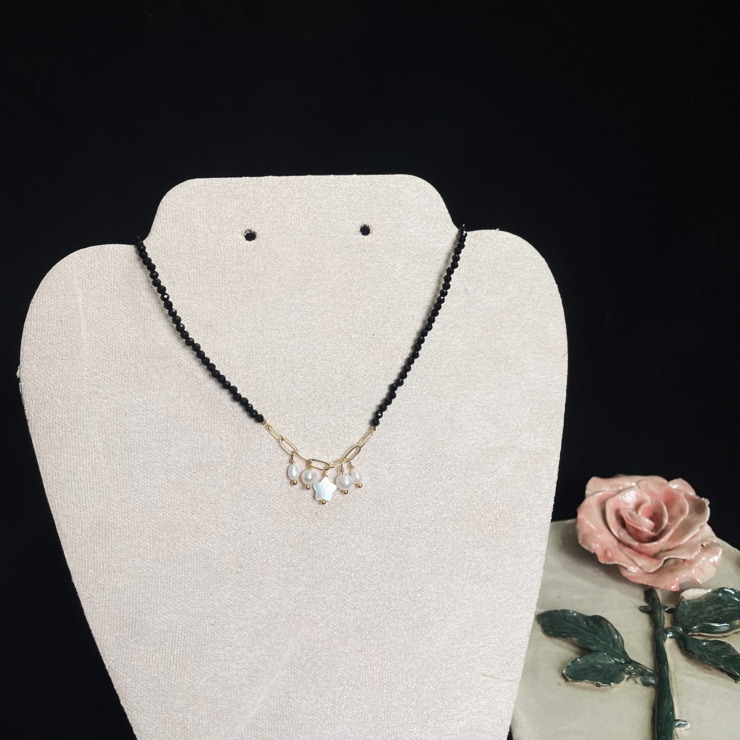 Elegant Black Spinel Faced Beads Necklace with Mother-of-Pearl Star and Pearls