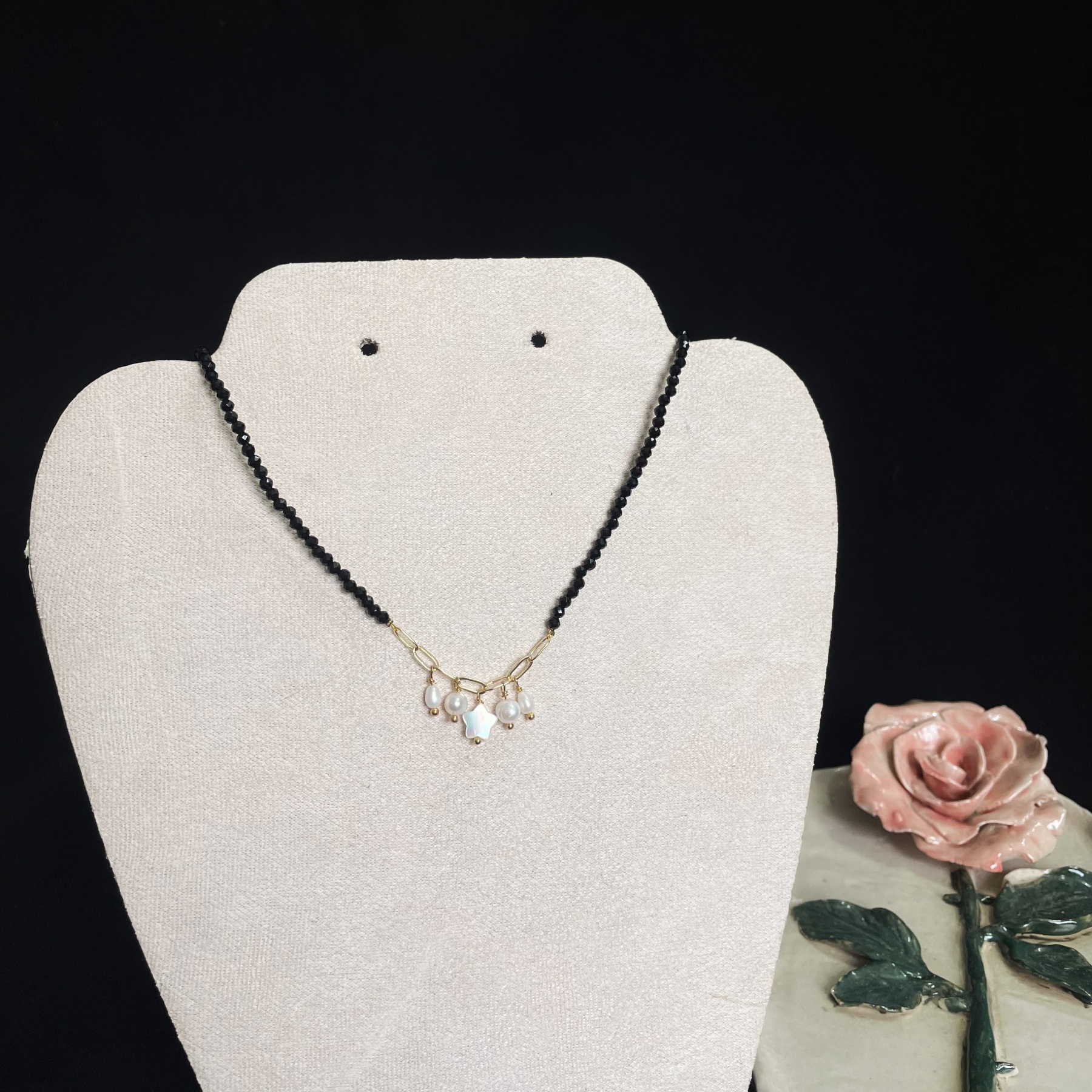 Elegant Black Spinel Faced Beads Necklace with Mother-of-Pearl Star and Pearls