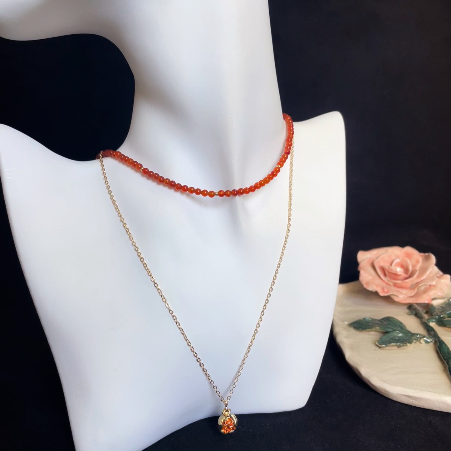 Double Stacked Necklace with Red Agate & Pomegranate Pendant