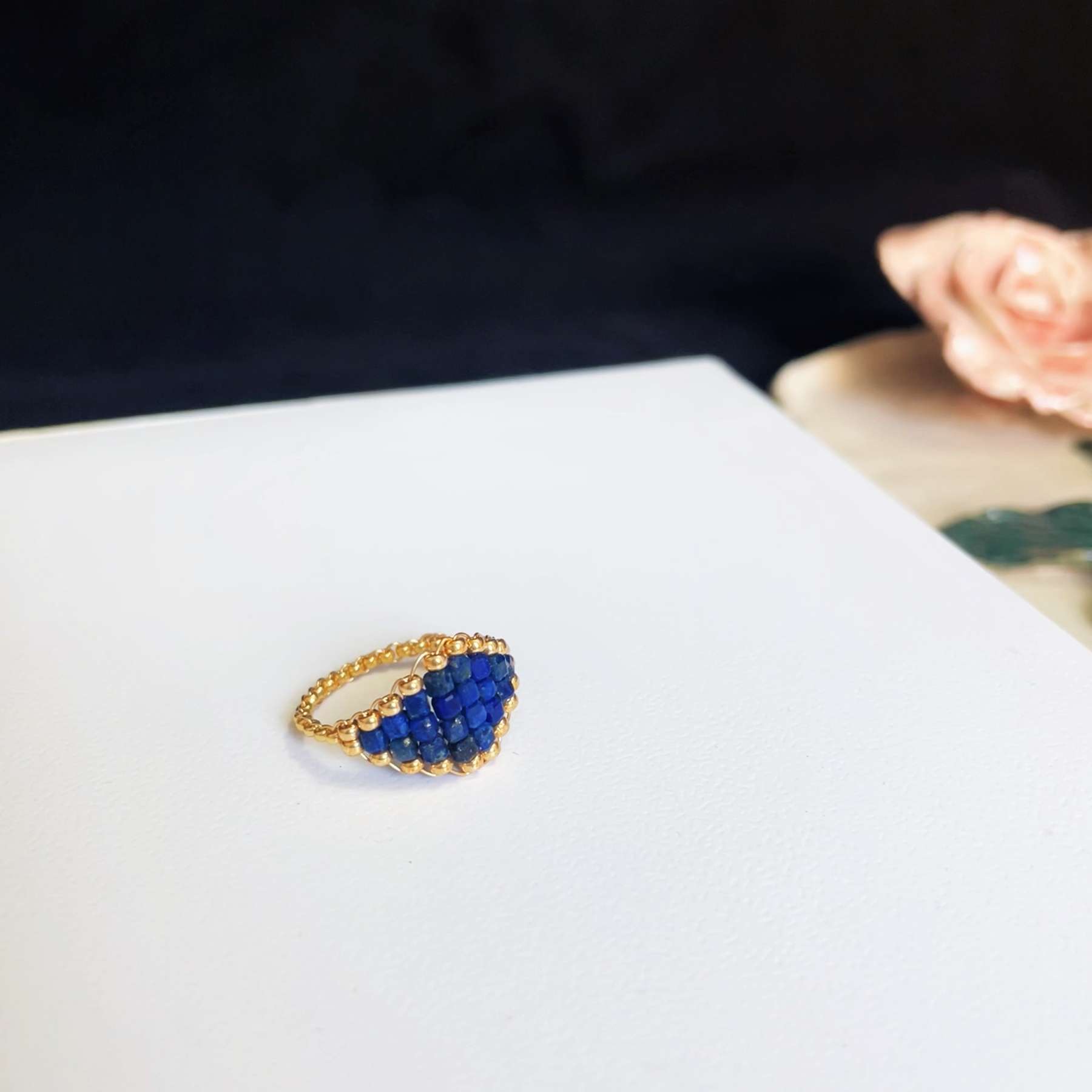 Evil Eye Inspired Lapis Lazuli & Gold Seed Beads Woven Ring