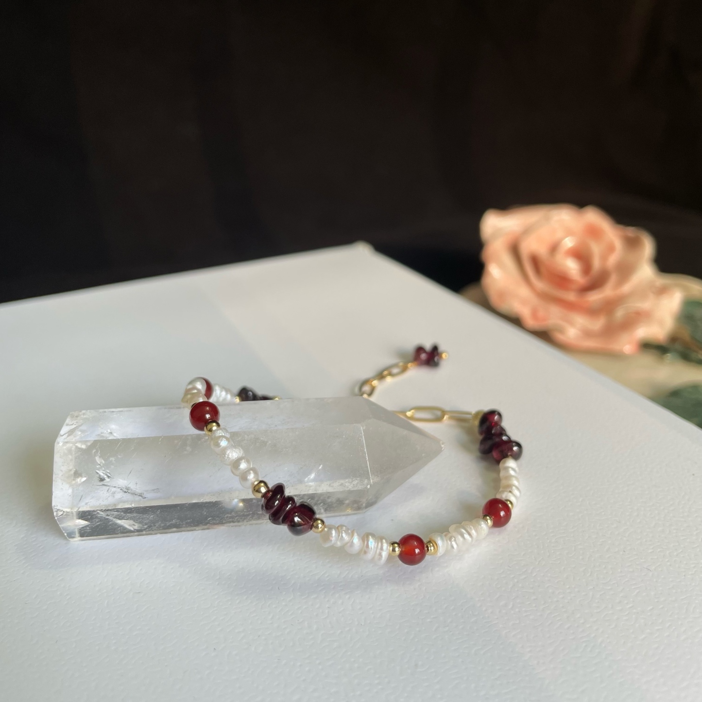 Irregular Garnet Pearls & Red Agate One-Line Bracelet