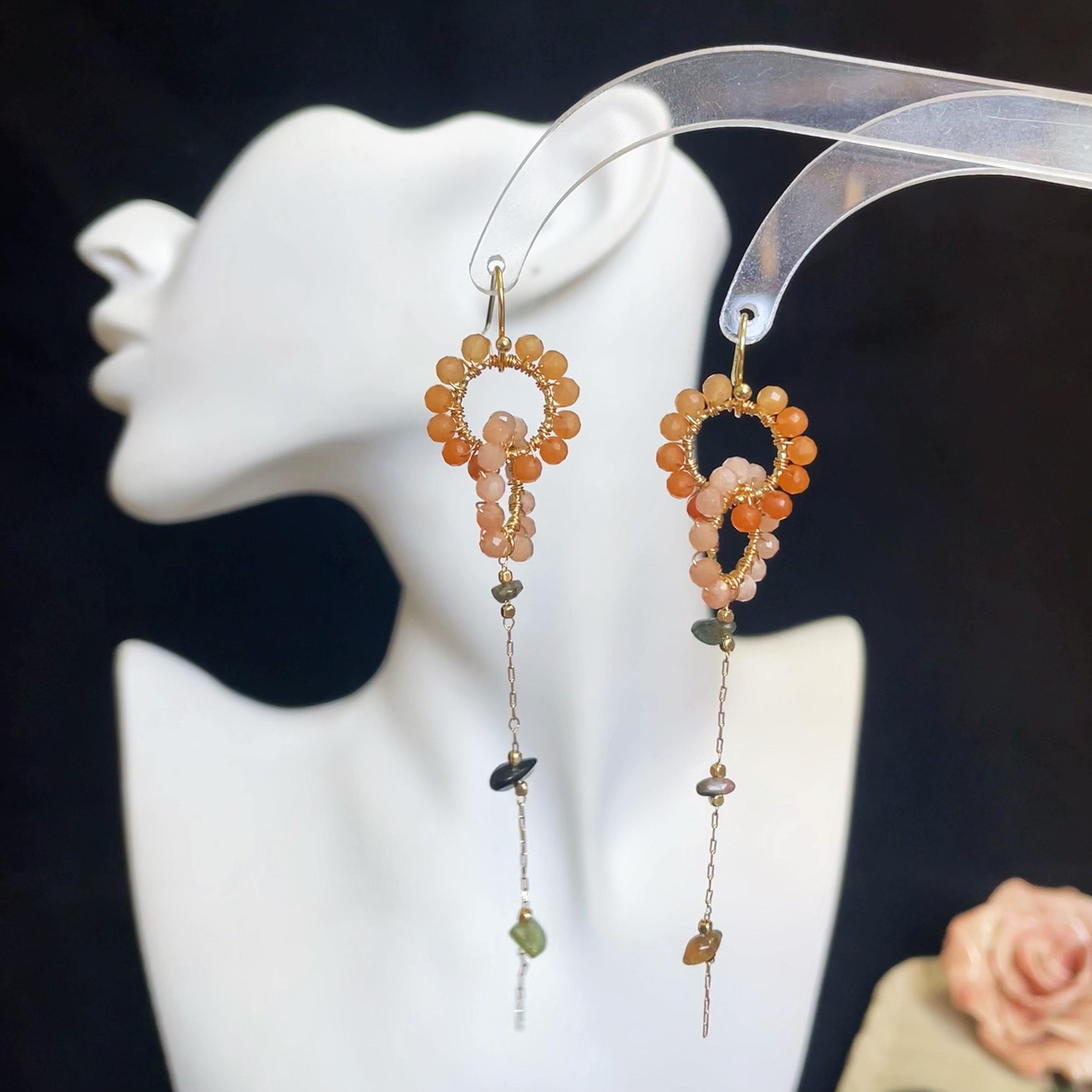 Orange Gemstone Dual Ring Earrings with Tourmaline Raw Stones Chain