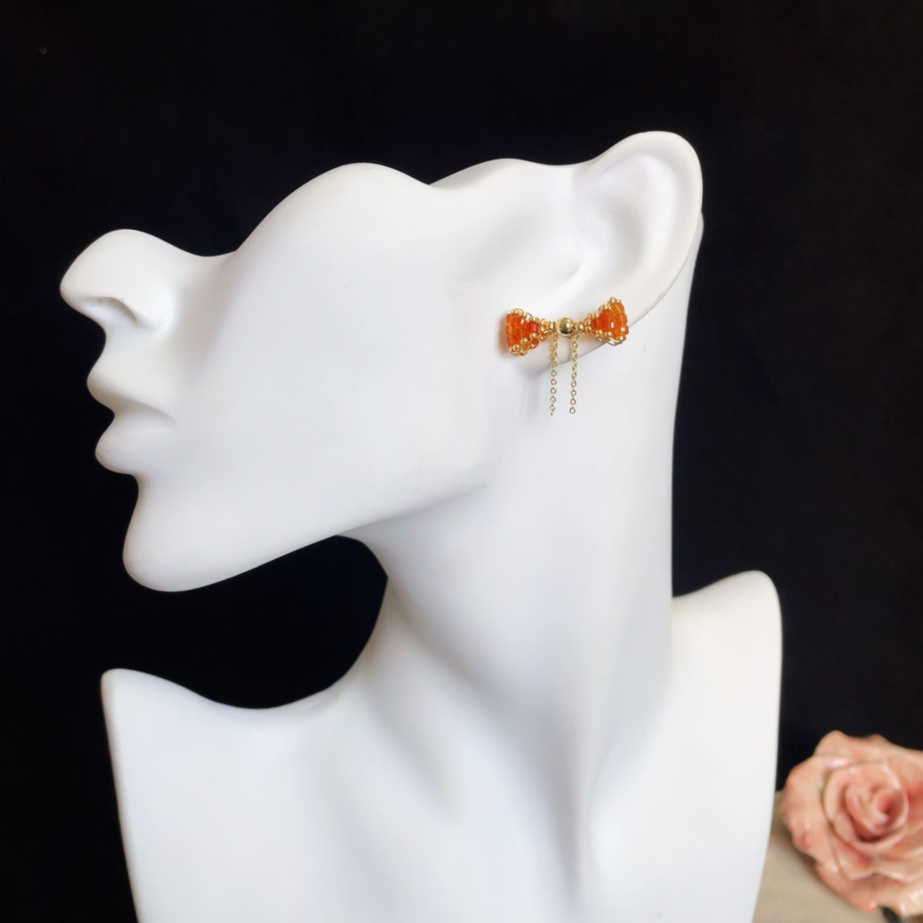 Red Agate Woven Orange-Red Bowknot Stud Earrings