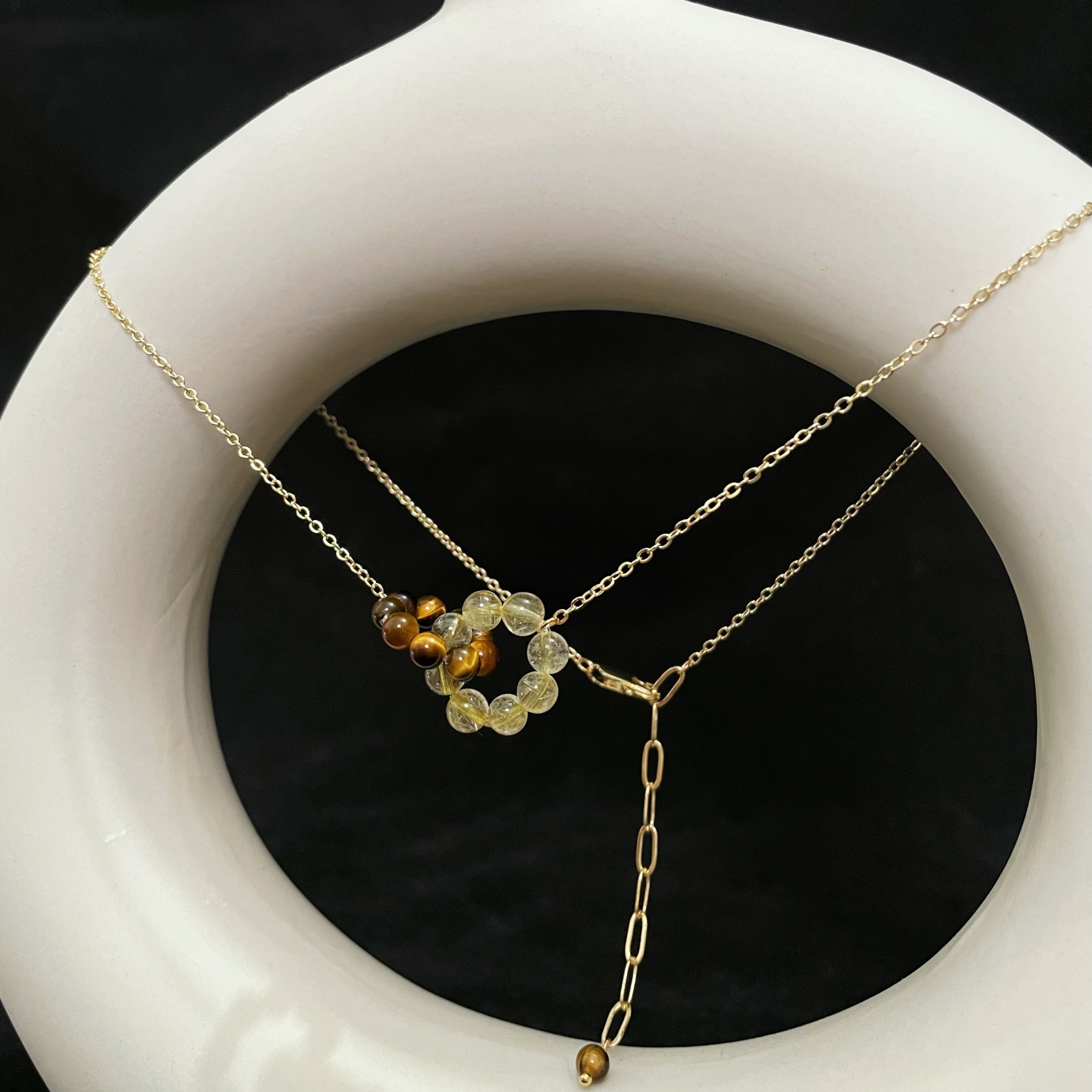 Tiger’s Eye and Gold Rutilated Dual Ring Charms Necklace