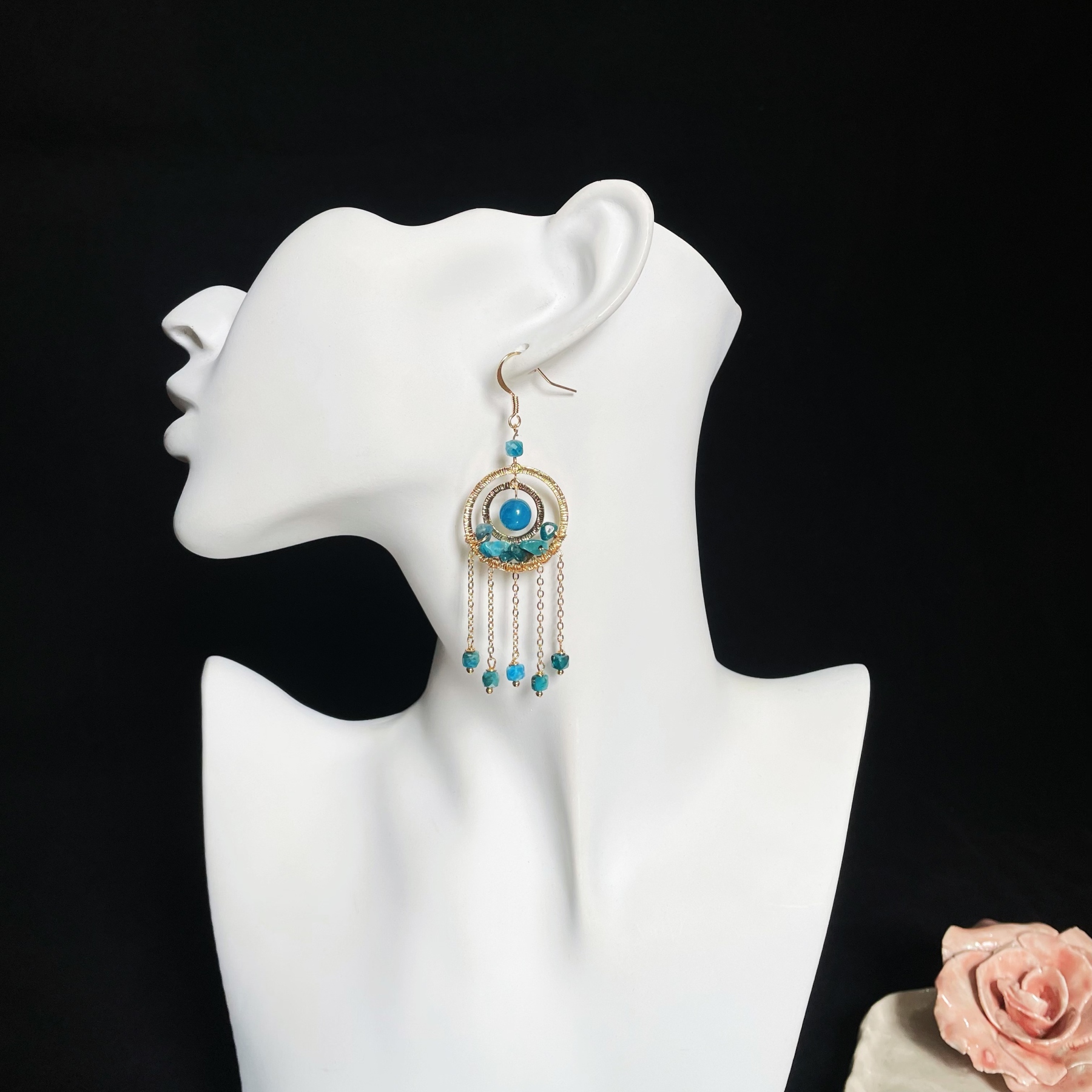 Intricate Dual Rings Blue Apatite Tassel Earrings 