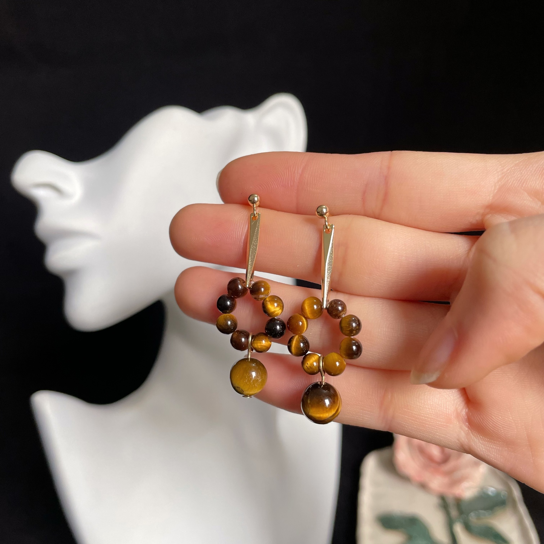 Tiger's Eye Beaded Ring Earrings