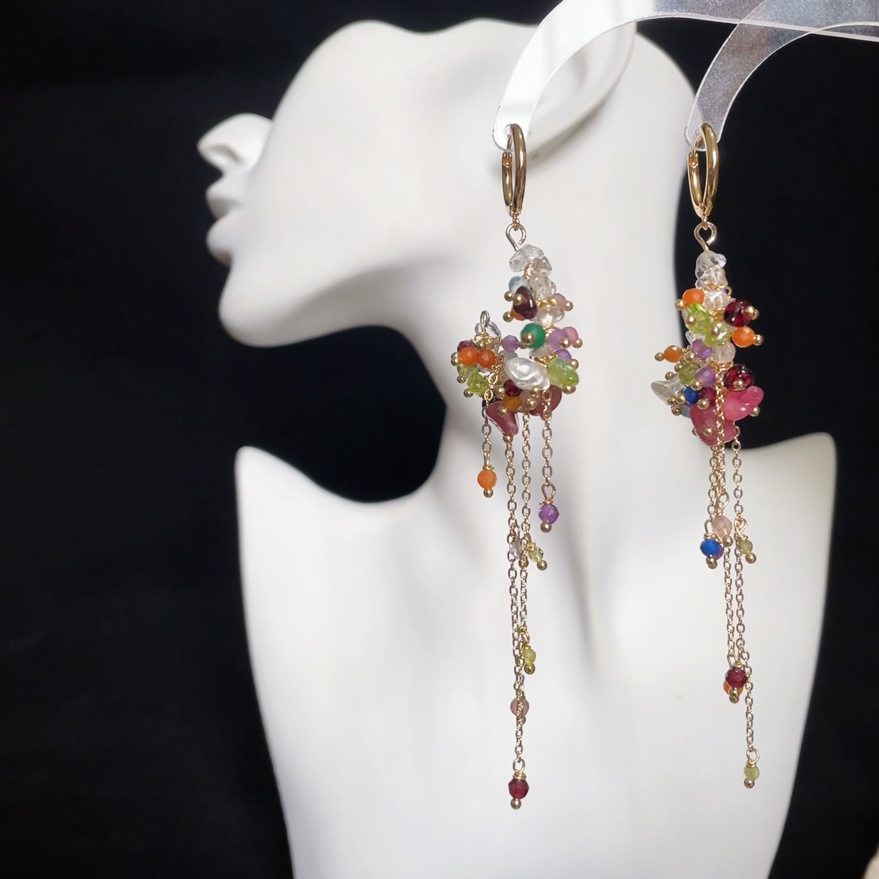 Spring Garden Multiple Gemstone Cluster Loop Earrings with Long Gemstone Chain Tassel