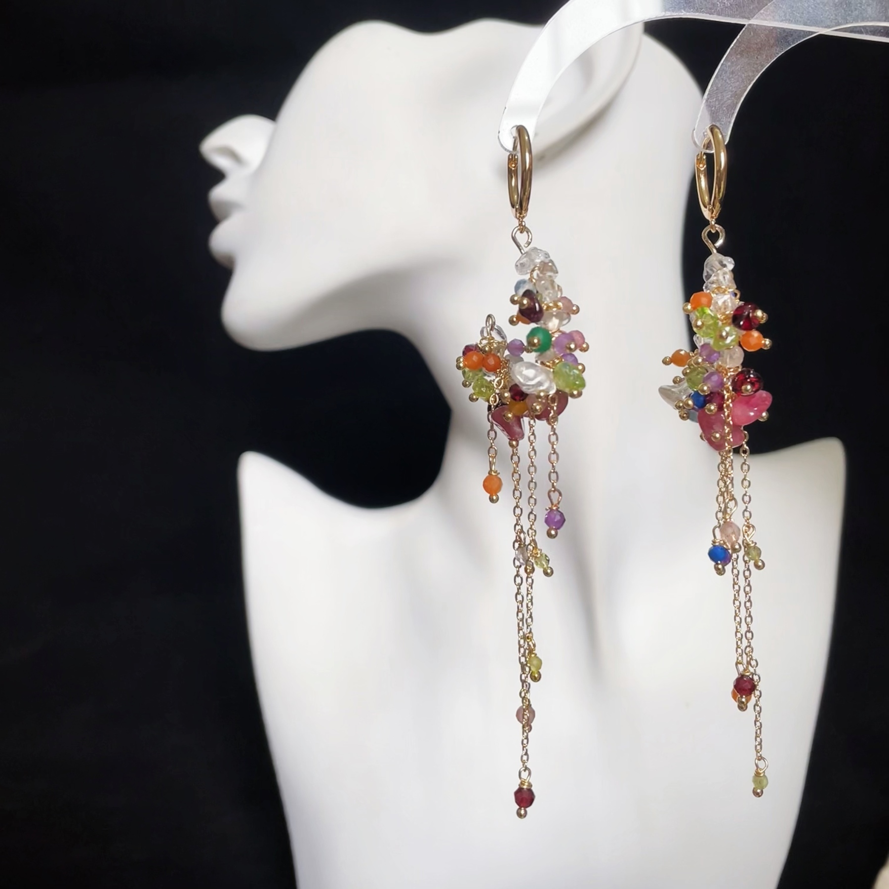 Spring Garden Multiple Gemstone Cluster Loop Earrings with Long Gemstone Chain Tassel