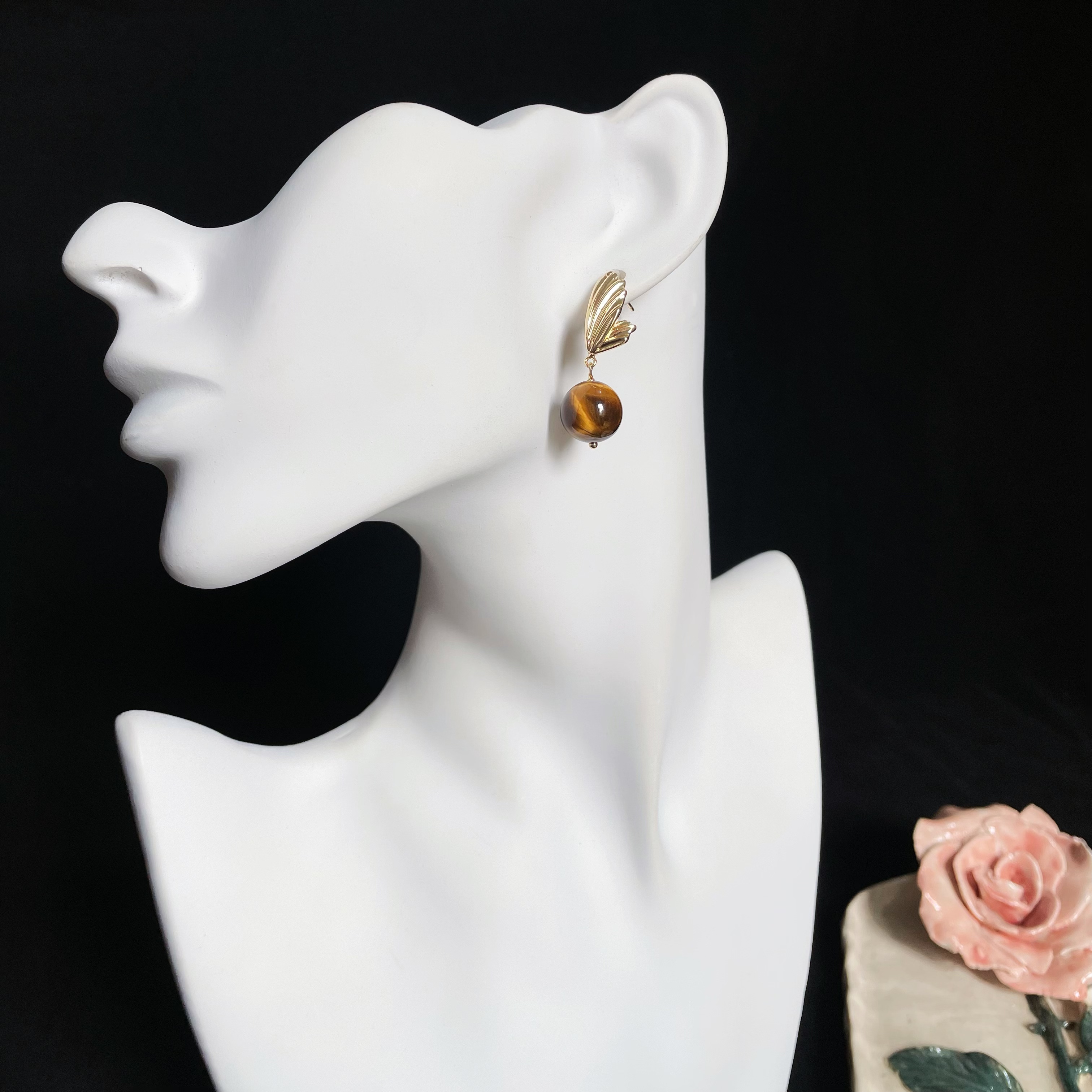 Gold-Plated Wing Hanging with Tiger's Eye Earrings 