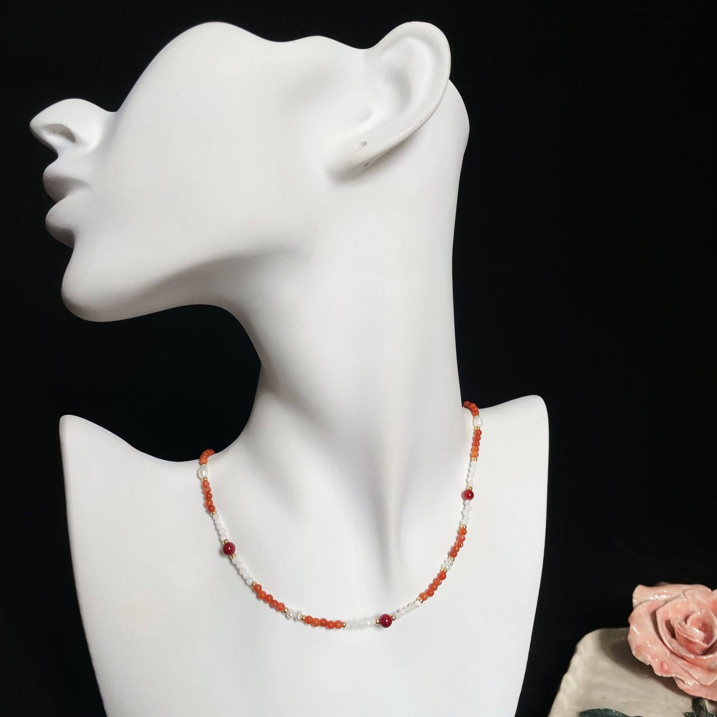 One-Line Beads Necklace with Trochus, Carnelian, Freshwater Pearls & Cinnabar
