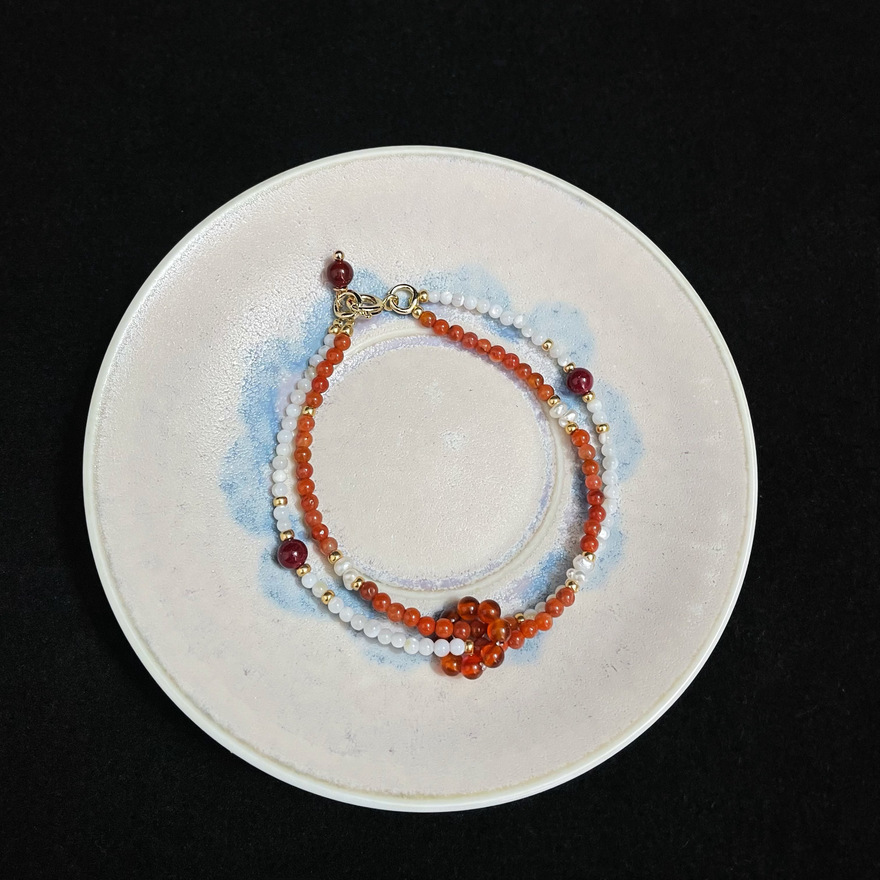 Dual-Line Multi Gemstone Bracelet with Trochus, Carnelian, Pearls, and Cinnabar