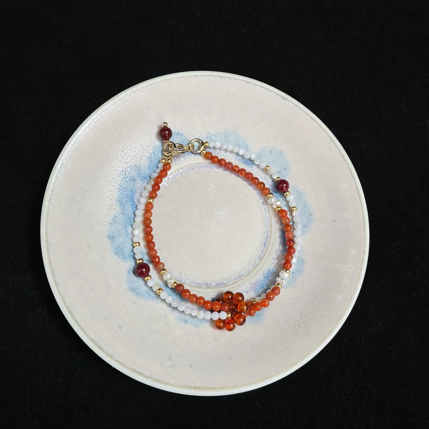 Dual-Line Multi Gemstone Bracelet with Trochus, Carnelian, Pearls, and Cinnabar