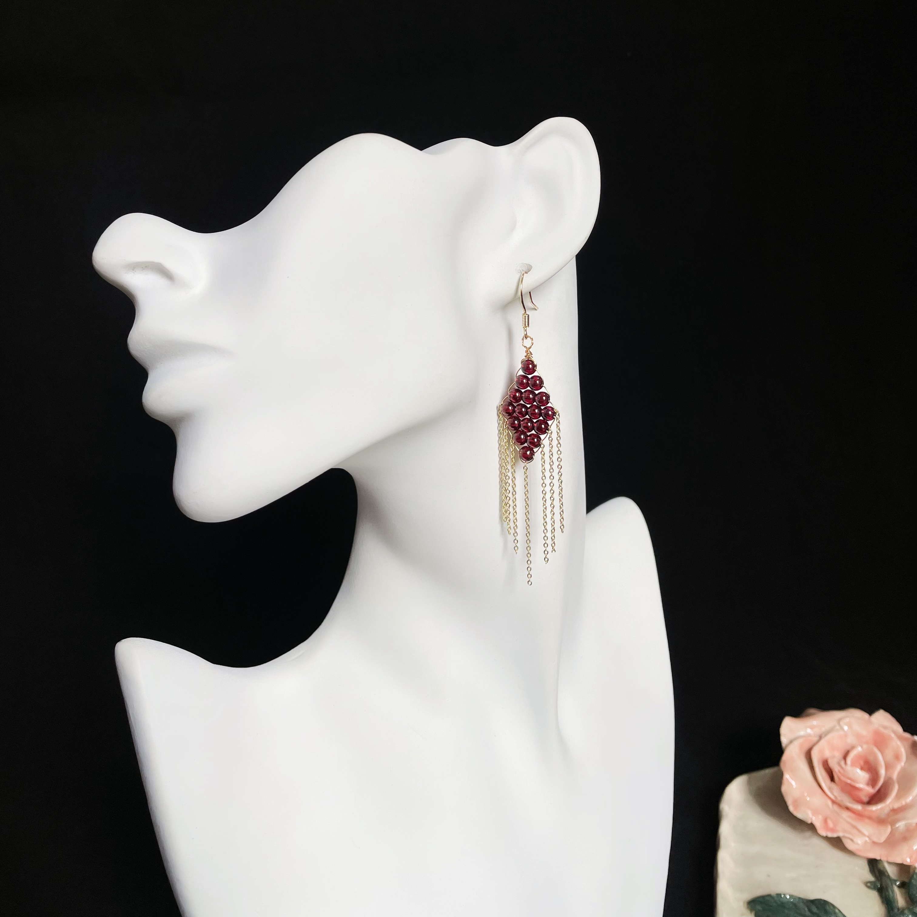 Wine Red Garnet Woven Rhombus with Tassels Earrings