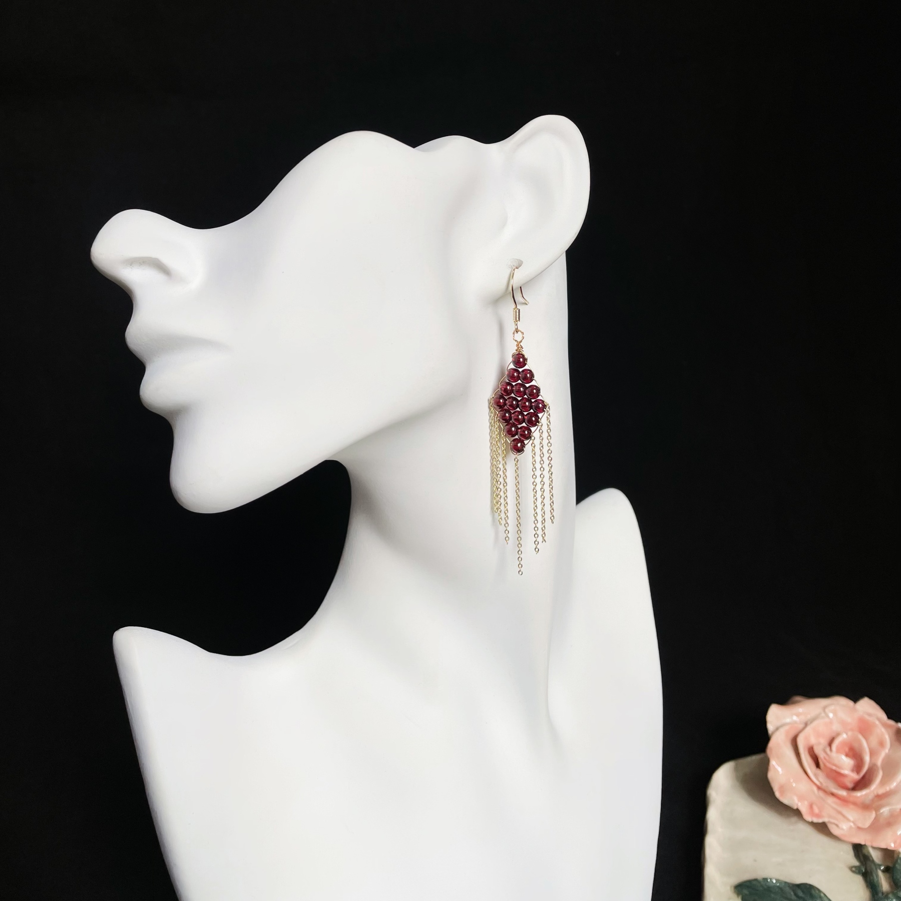 Wine Red Garnet Woven Rhombus with Tassels Earrings