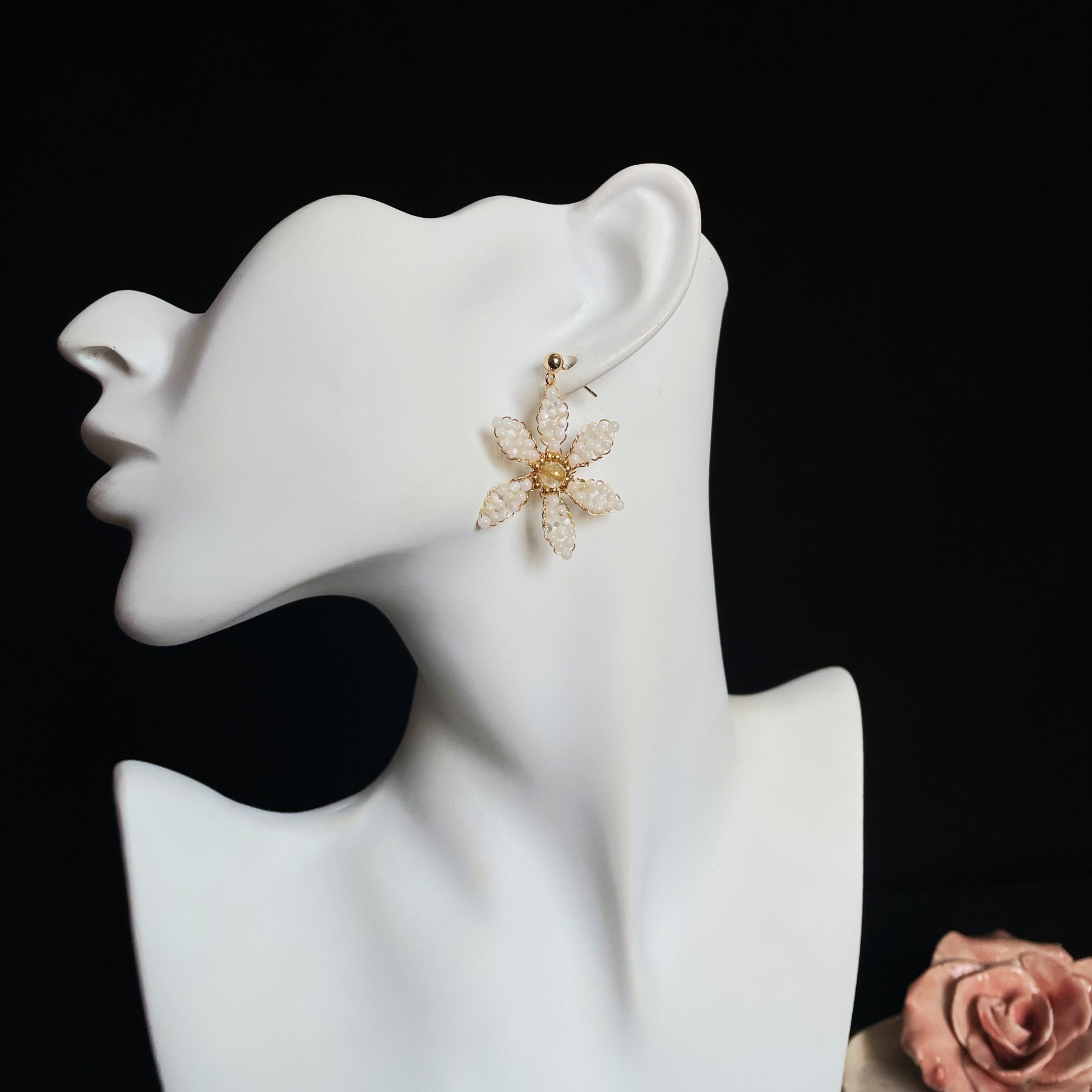 White Triteleia Laxa Inspired Earrings with Gold Rutilated Quartz Center