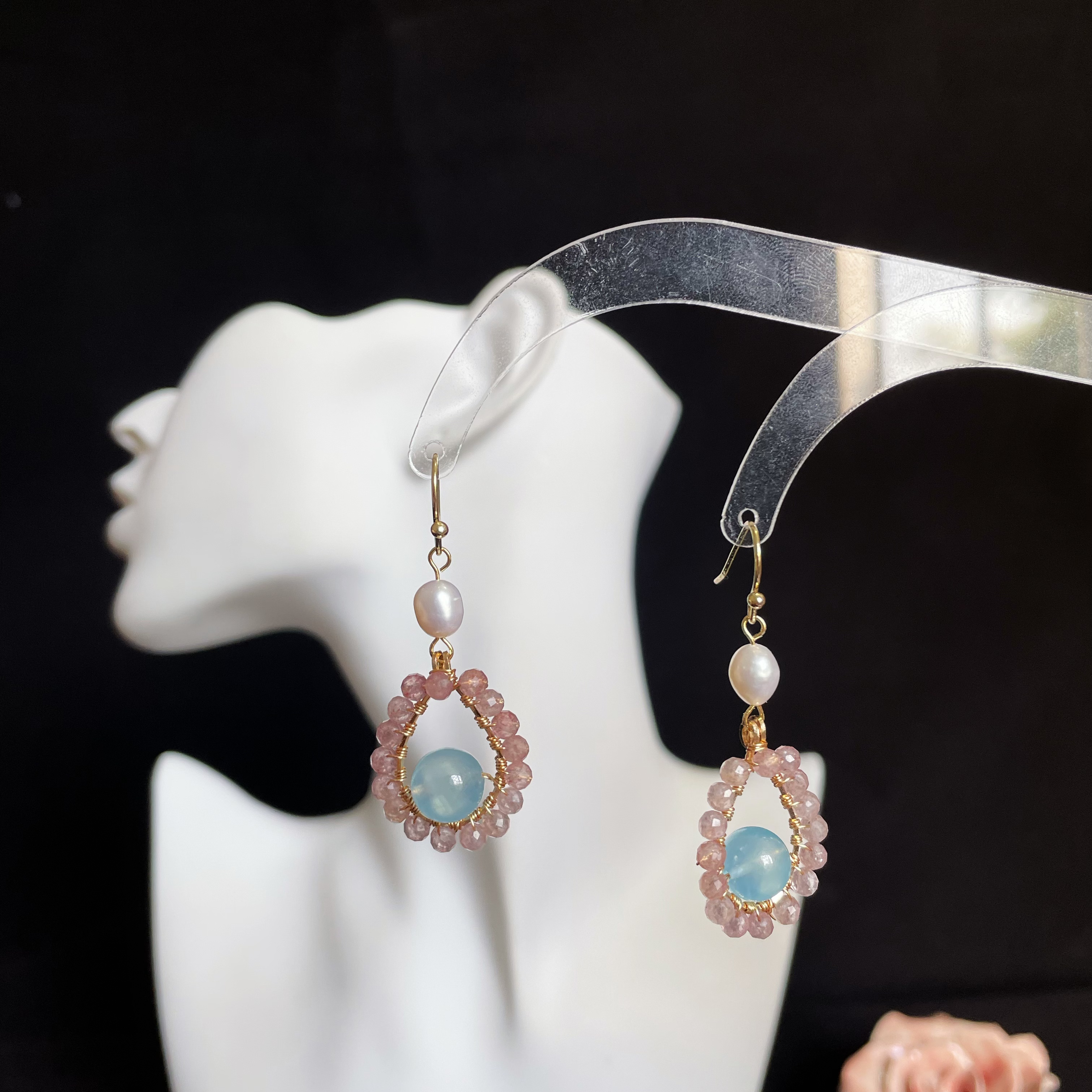 Strawberry Quartz and Aquamarine Teardrop Earrings