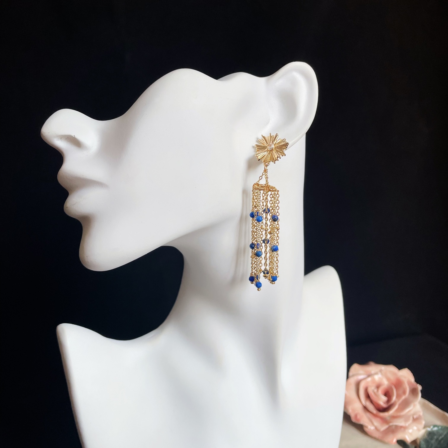 Golden Sunflower Lapis lazuli Tassel Earrings