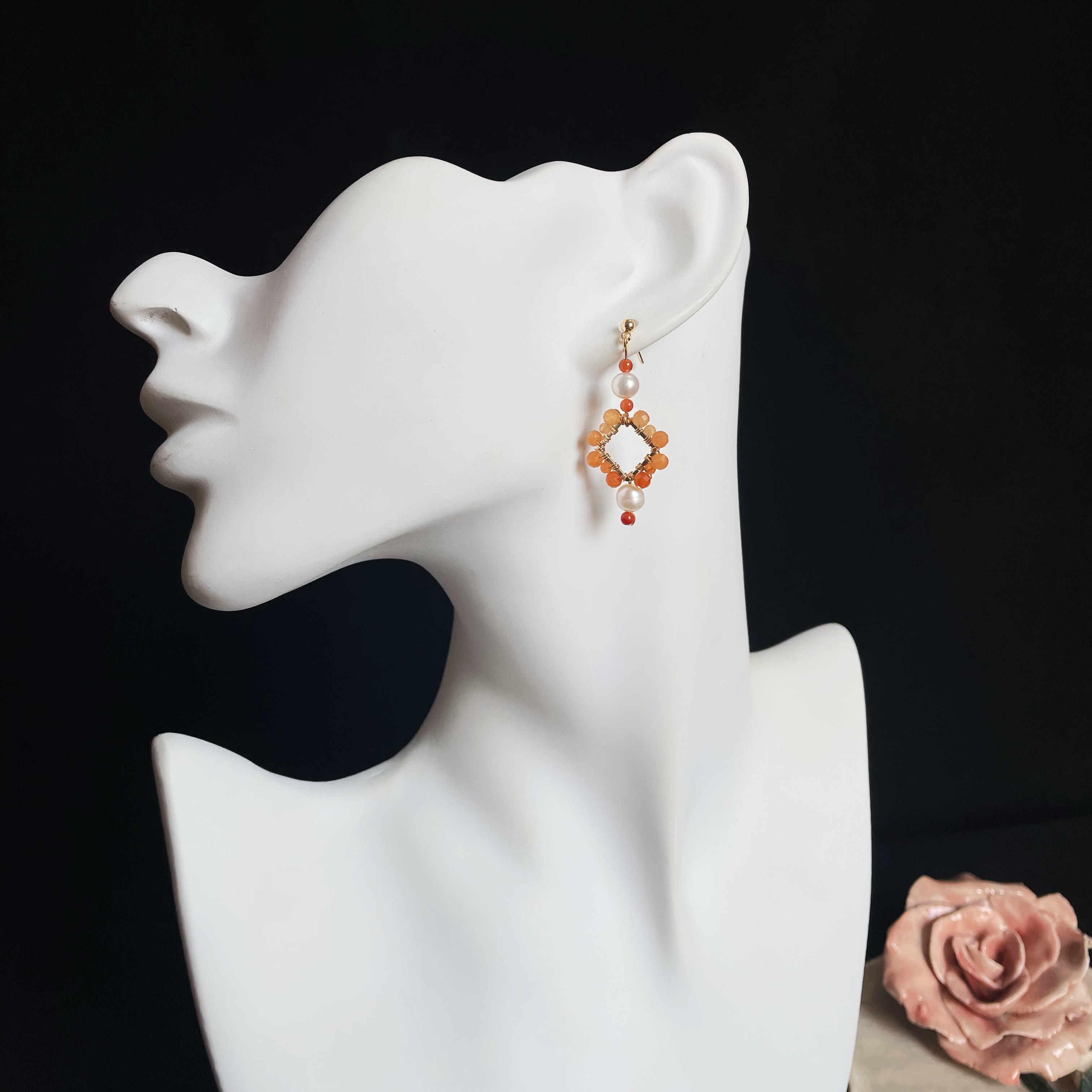 Red Aventurine woven Rhombus with Pearls Earrings