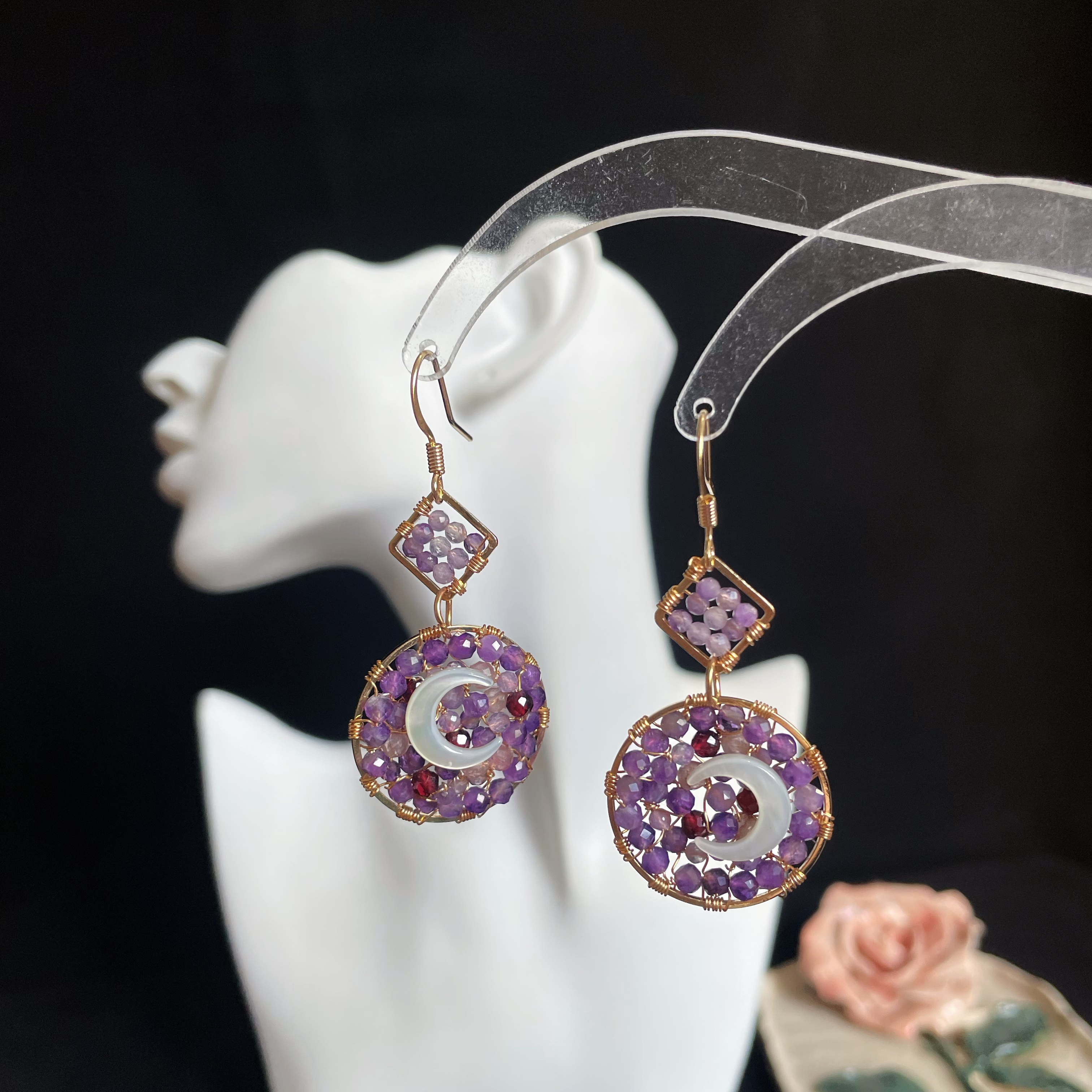 Last Summer's Moon Amethyst woven with Mother-of-pearl moon Earrings