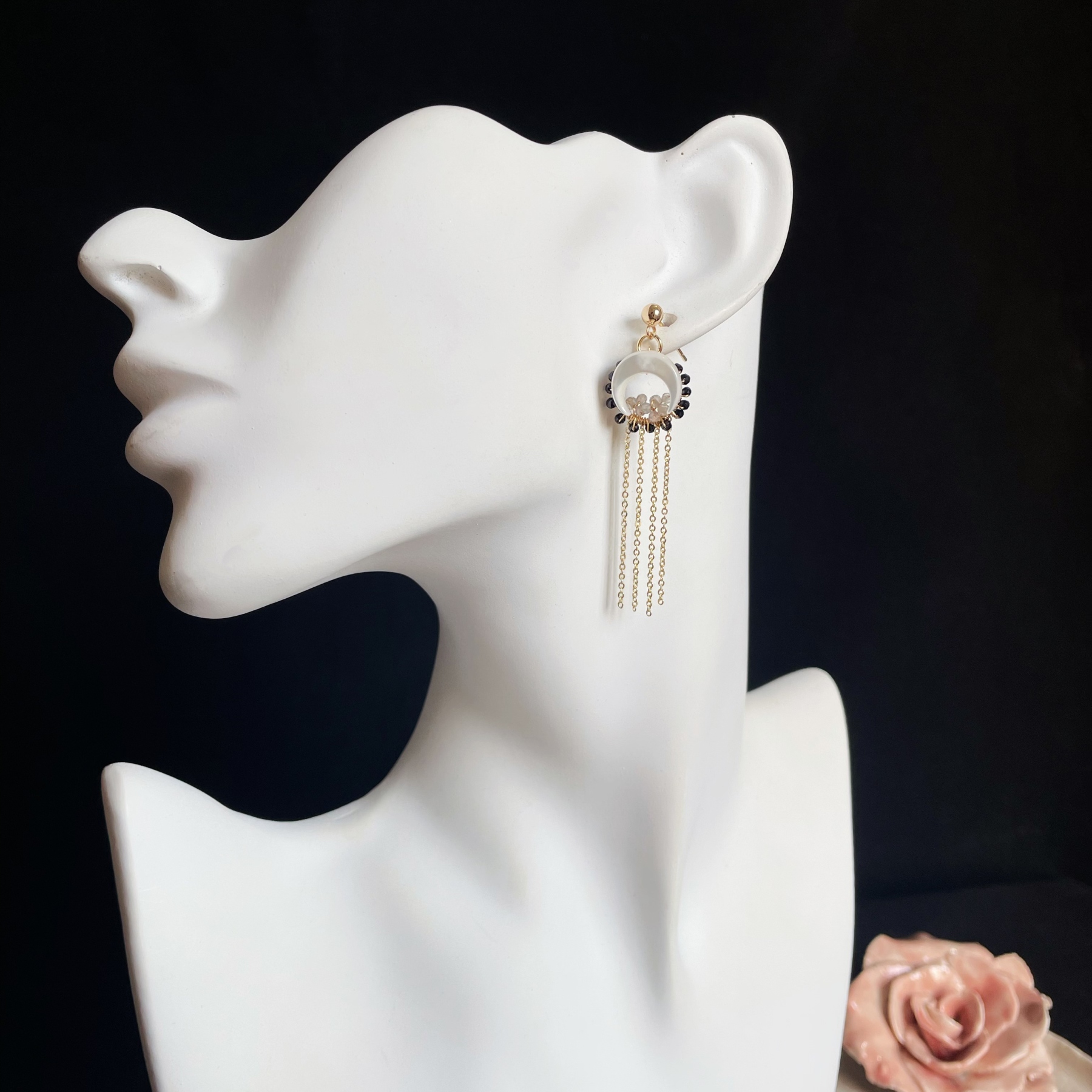 Black Spinel Woven Circle with Mother of Pearl Crescent Moon Earrings