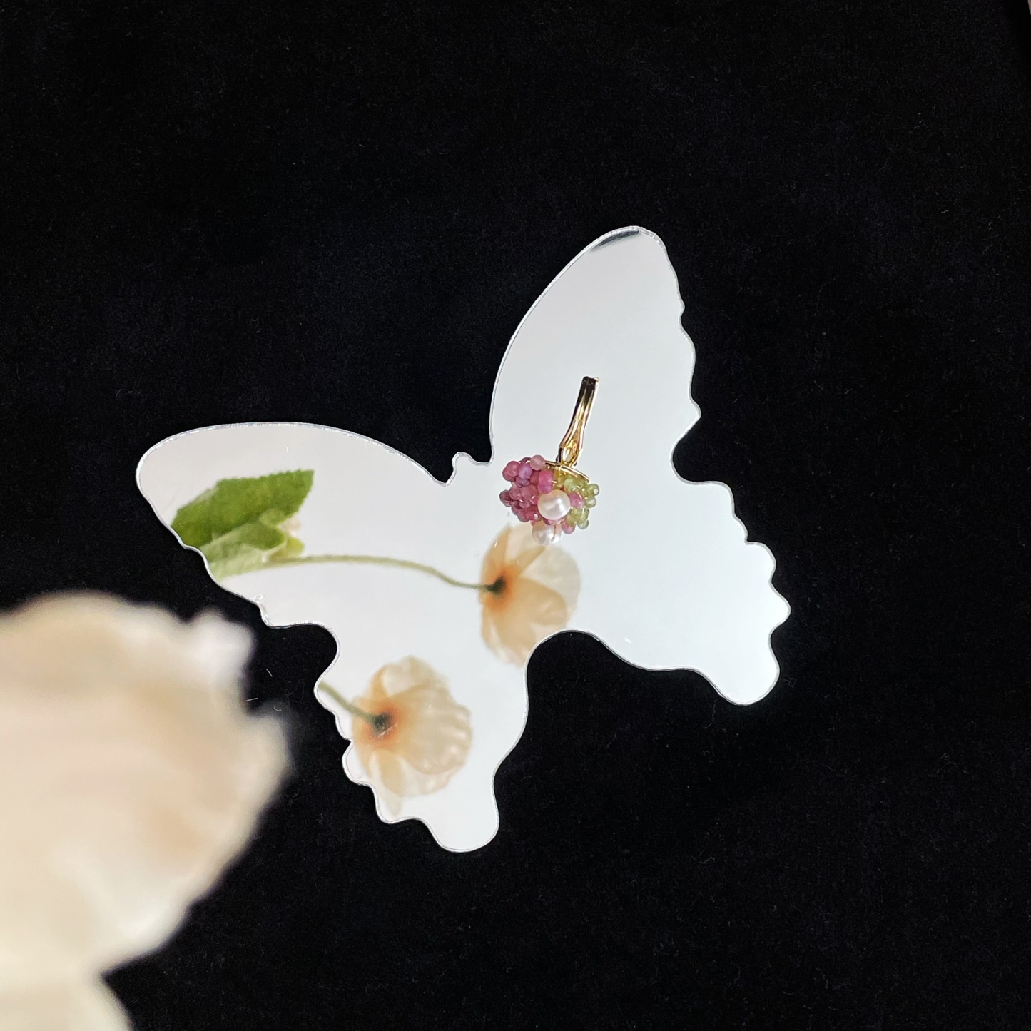 Handcrafted Spring Blossom Peridot Pink Tourmaline Cluster with Pearl Centre Ring