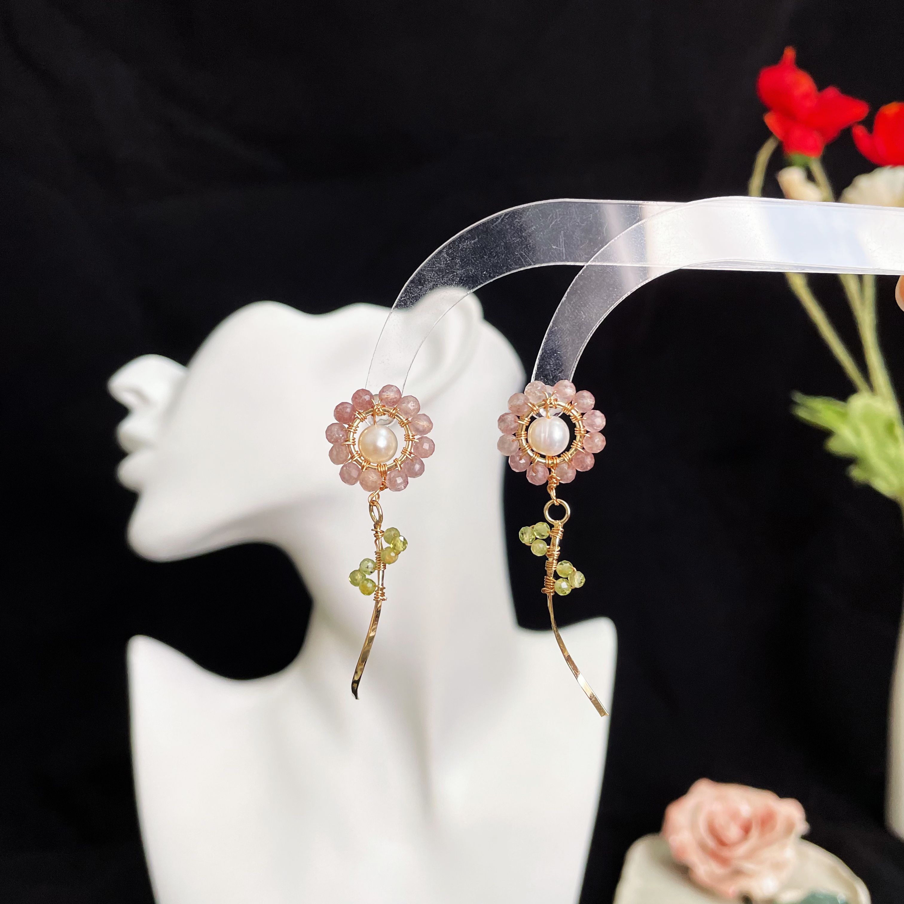 Handcrafted Spring Blossom Strawberry Quartz Flower with Pearl Core Earrings