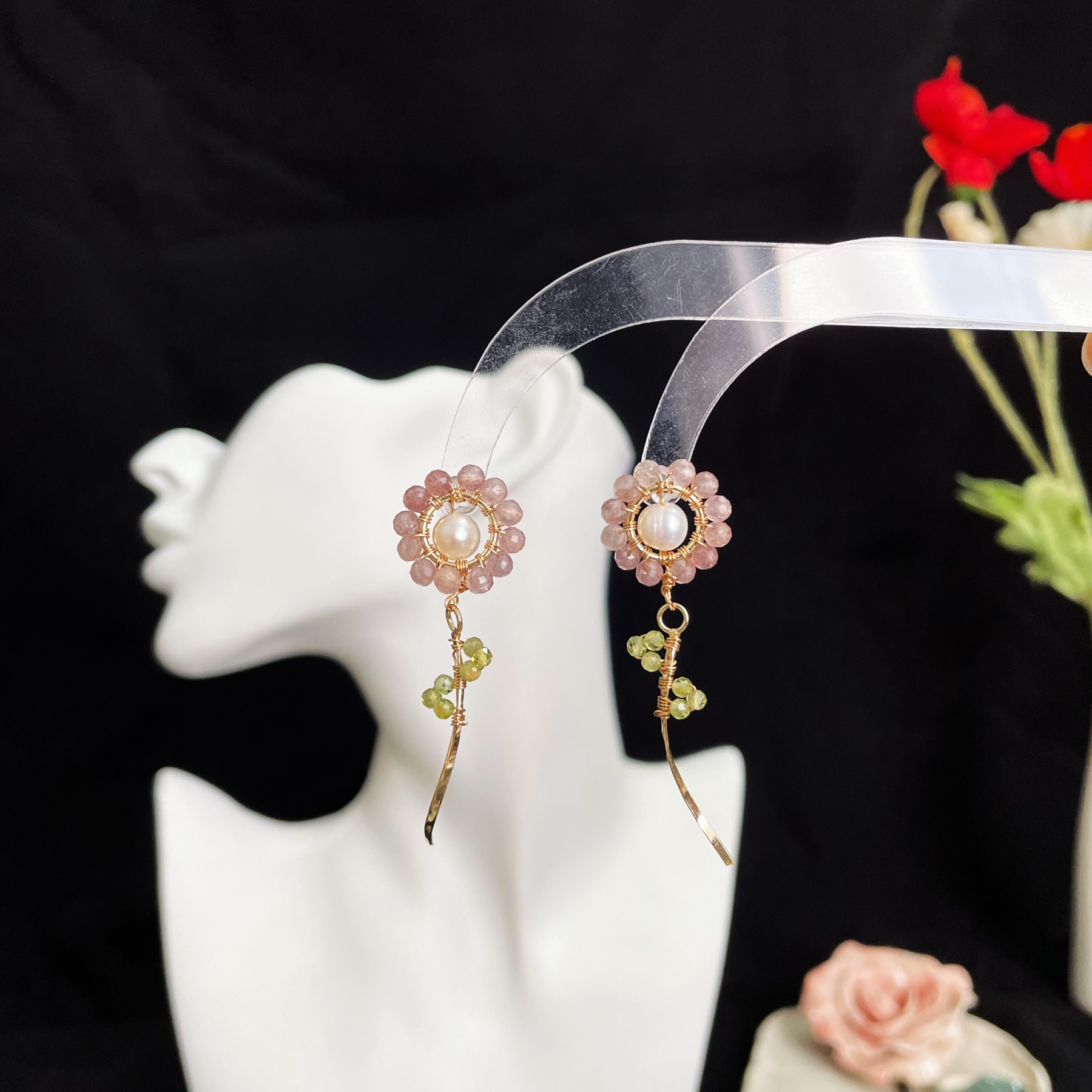 Handcrafted Spring Blossom Strawberry Quartz Flower with Pearl Core Earrings