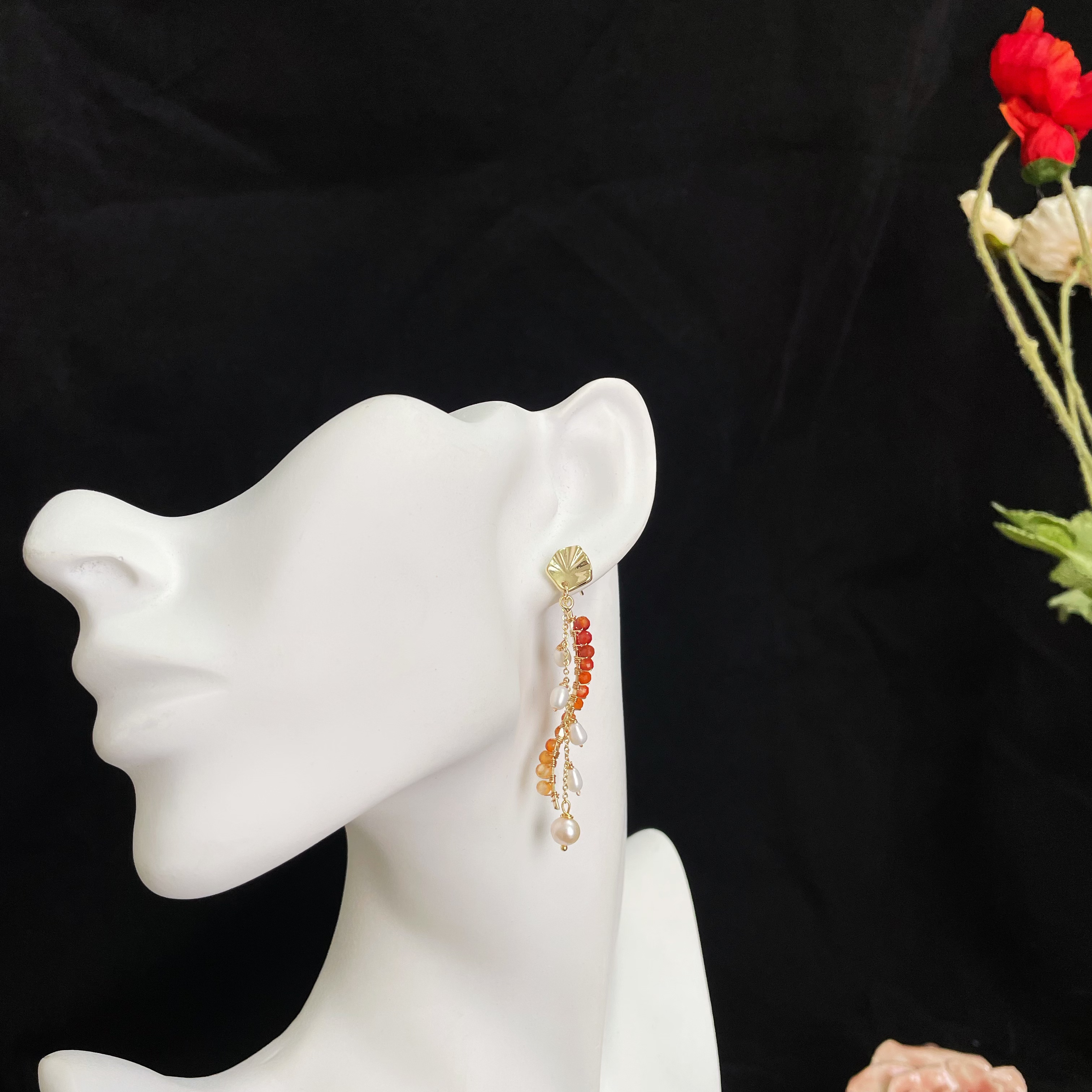 Handcrafted Red Agate and Pearl Tassel Drop Earrings