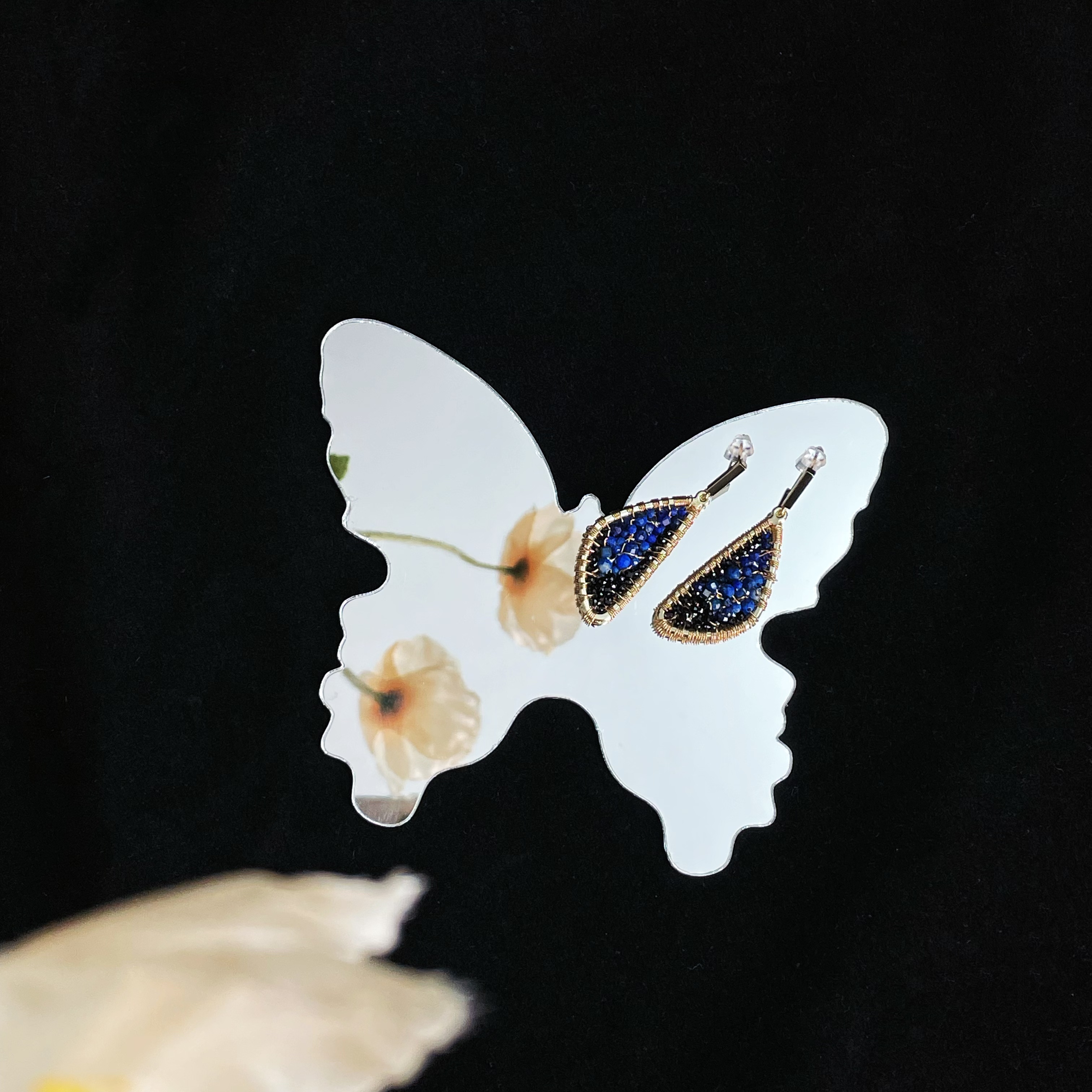 Handcrafted Papilio ulysse Wings Black Spinel and Lapis Lazuli Earrings 
