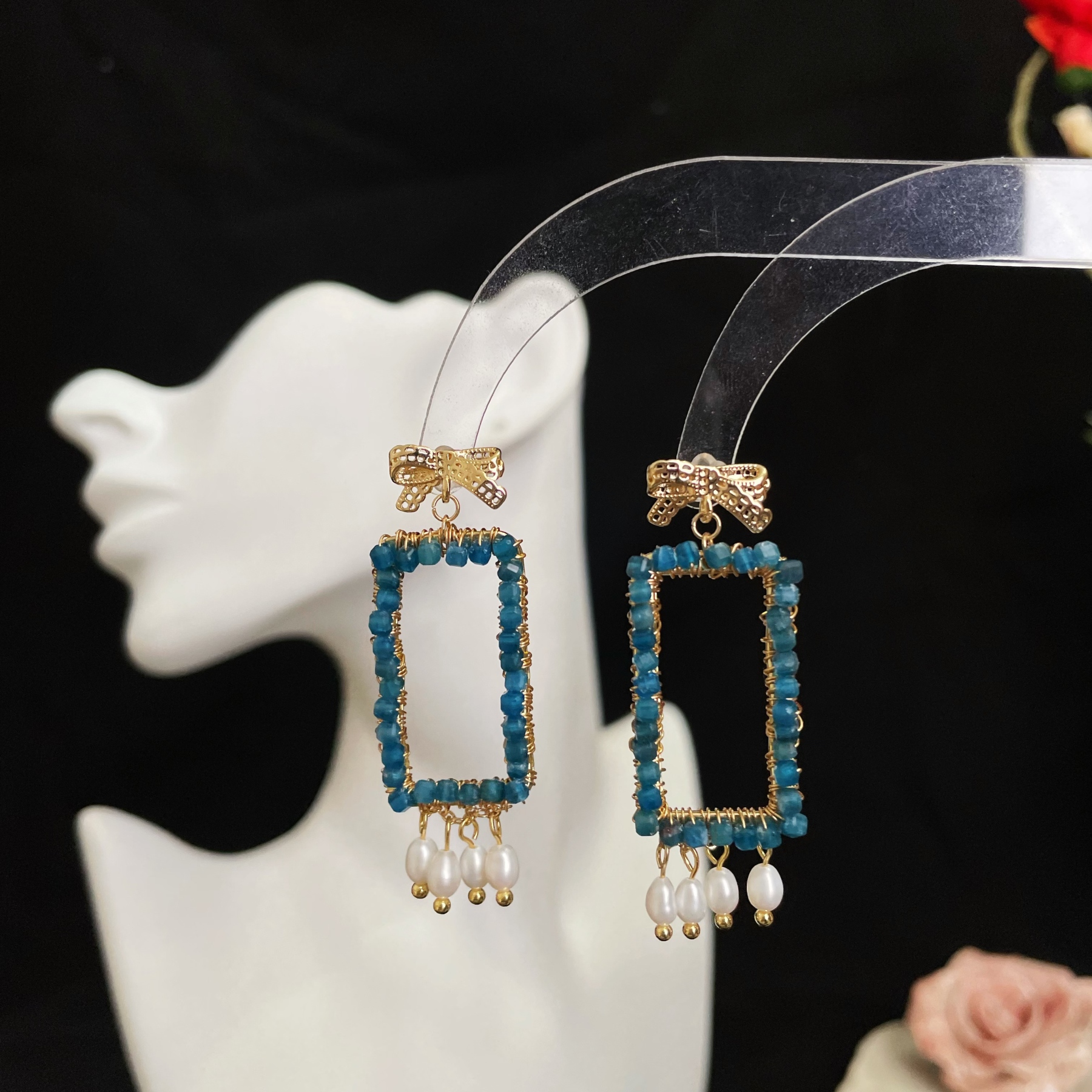 Handcrafted Woven Blue Apatite and Pearls Drop Magic Mirror Earrings