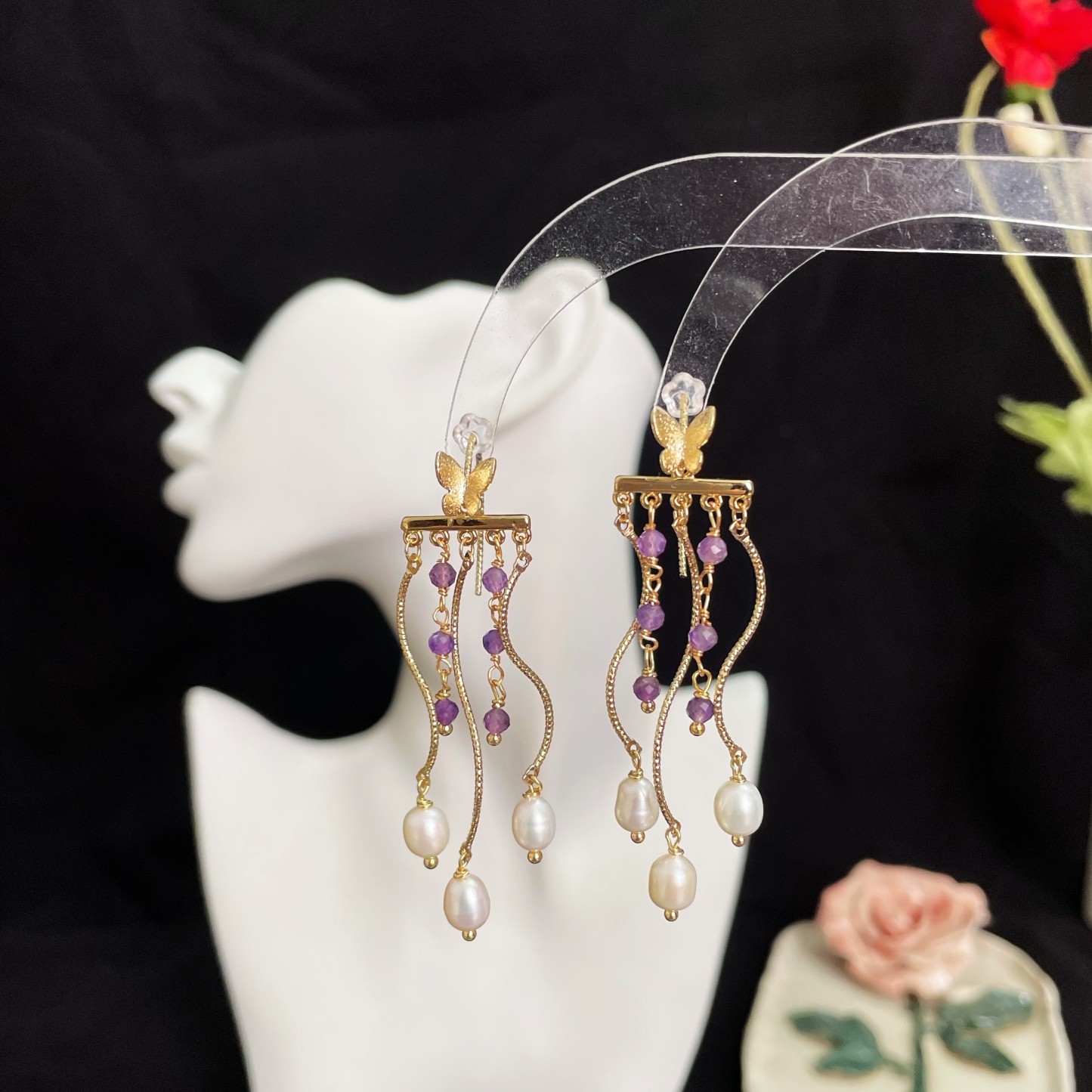 Handcrafted Shining Butterfly with Amethyst and Pearls Tassel Earrings