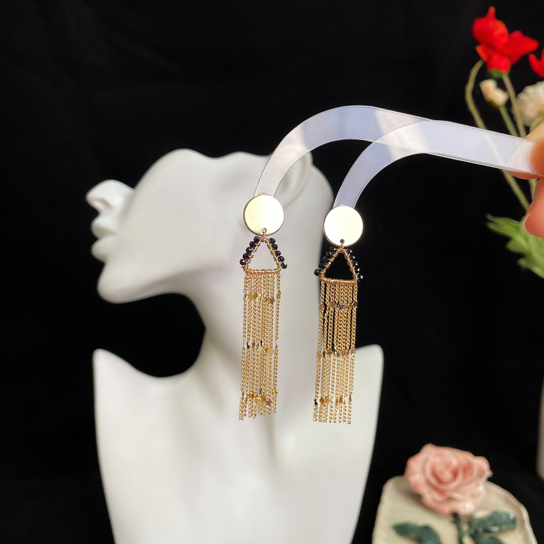 Handcrafted Meteor Shower Black Spinel and Chains tassels Earrings