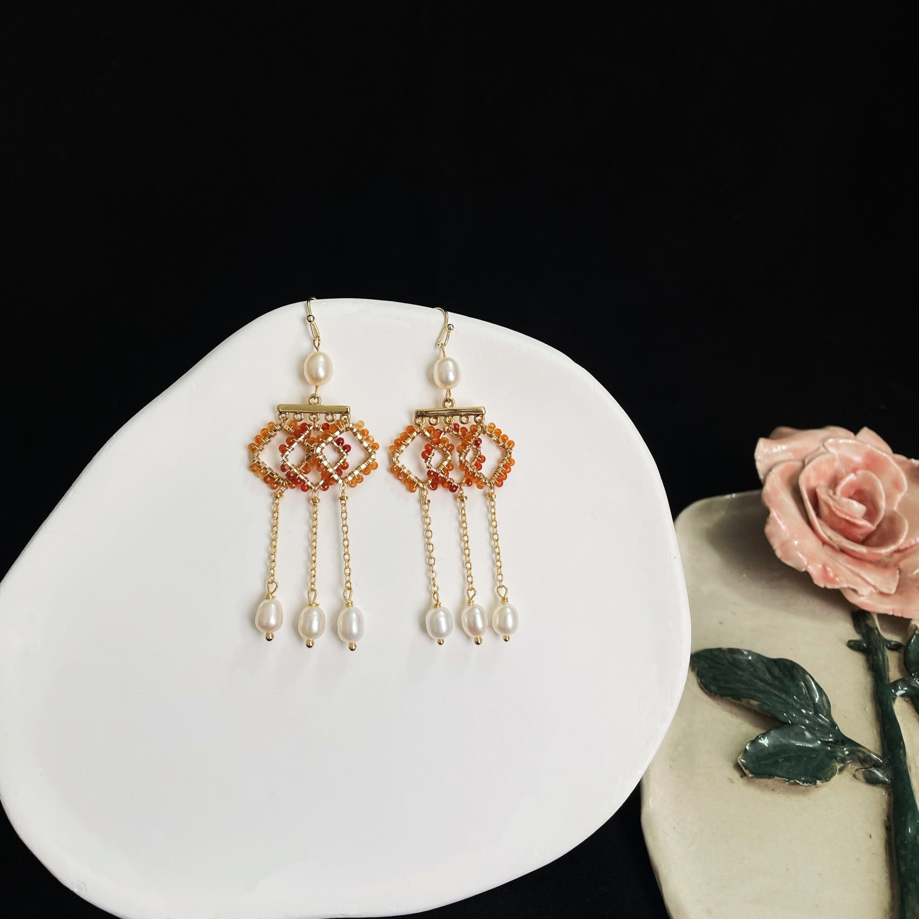 Handcrafted Geometric Red Aventurine and Pearls Drop Elegance Earrings 