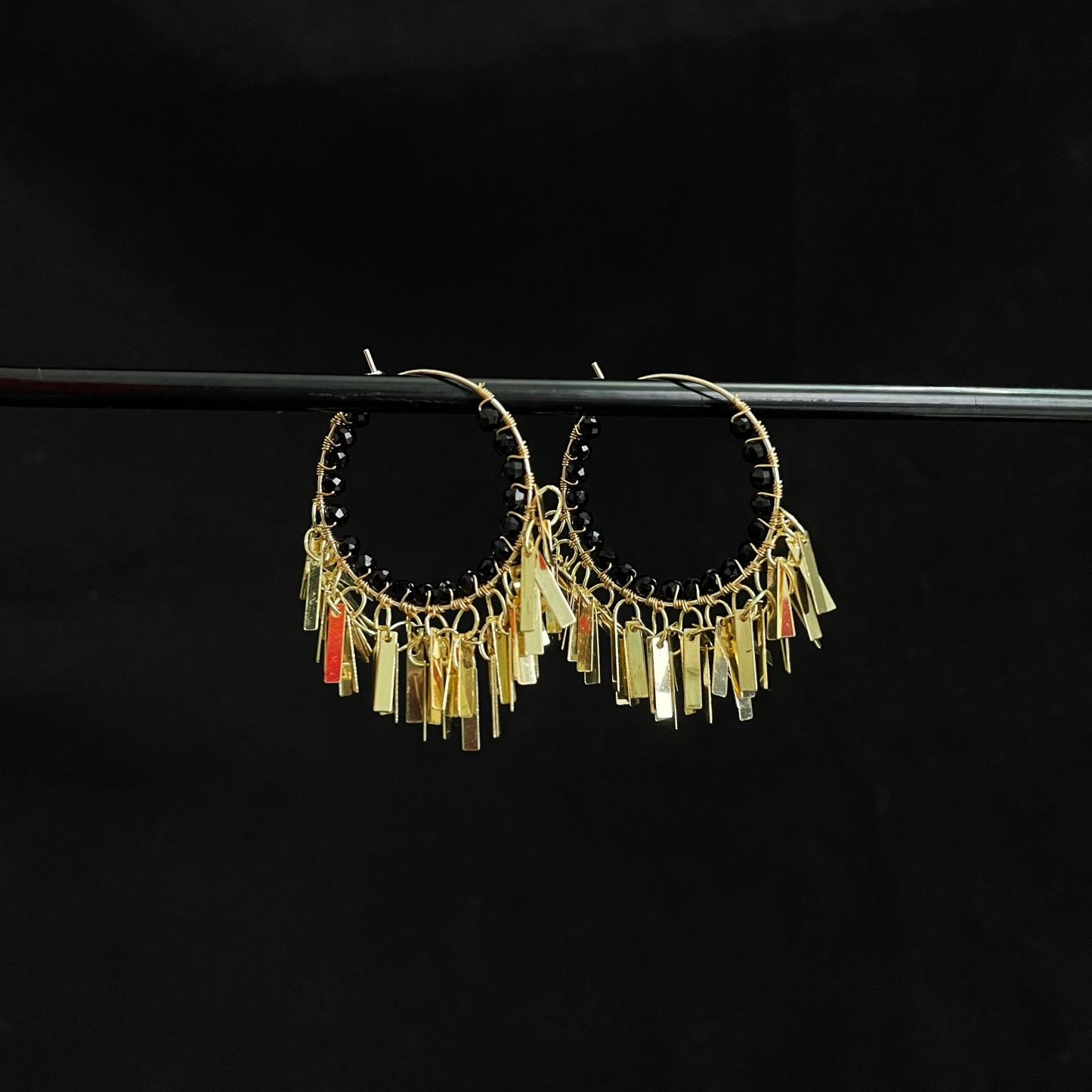 Handcrafted Woven Black Spinel with Golden Tassel Hoop Earrings
