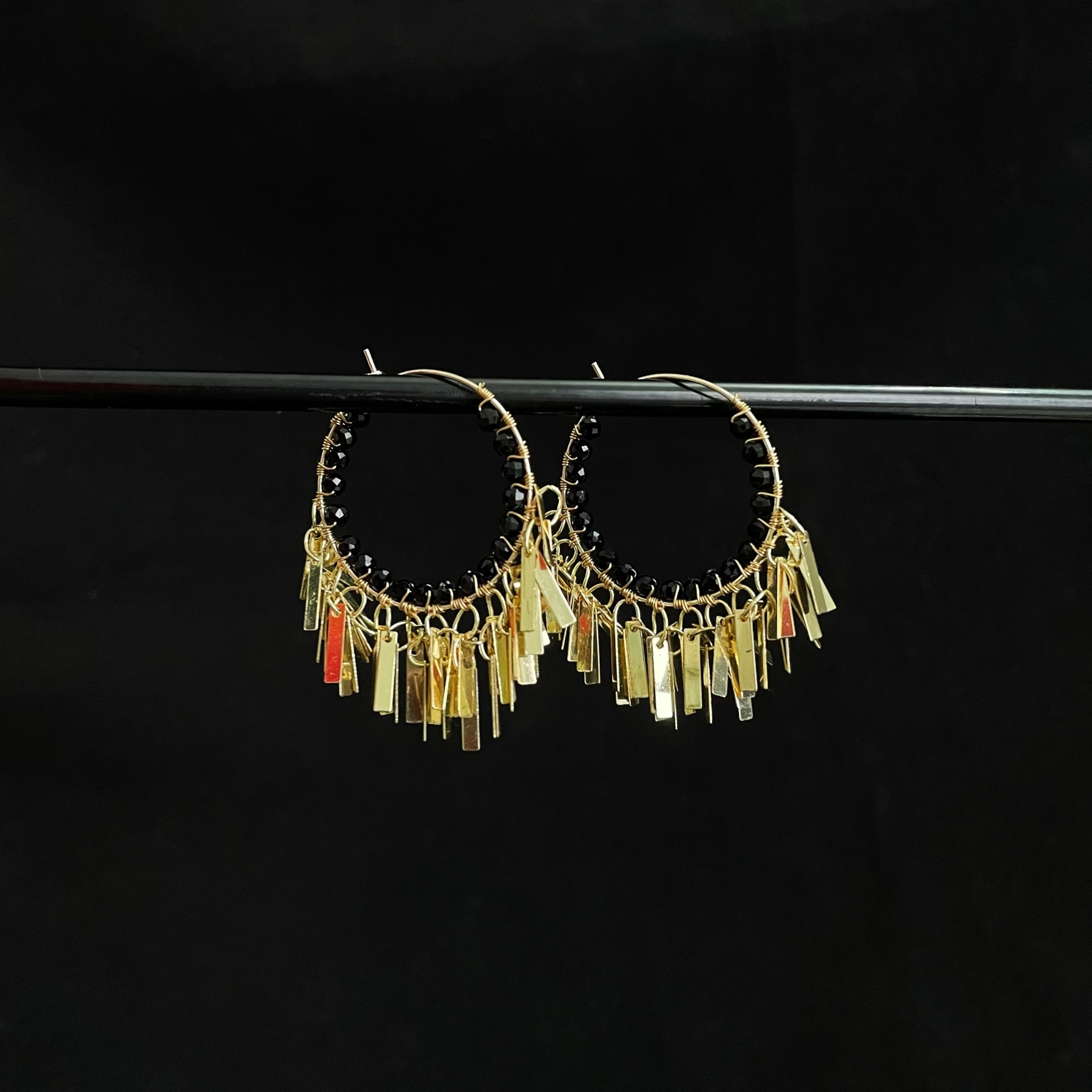 Handcrafted Woven Black Spinel with Golden Tassel Hoop Earrings