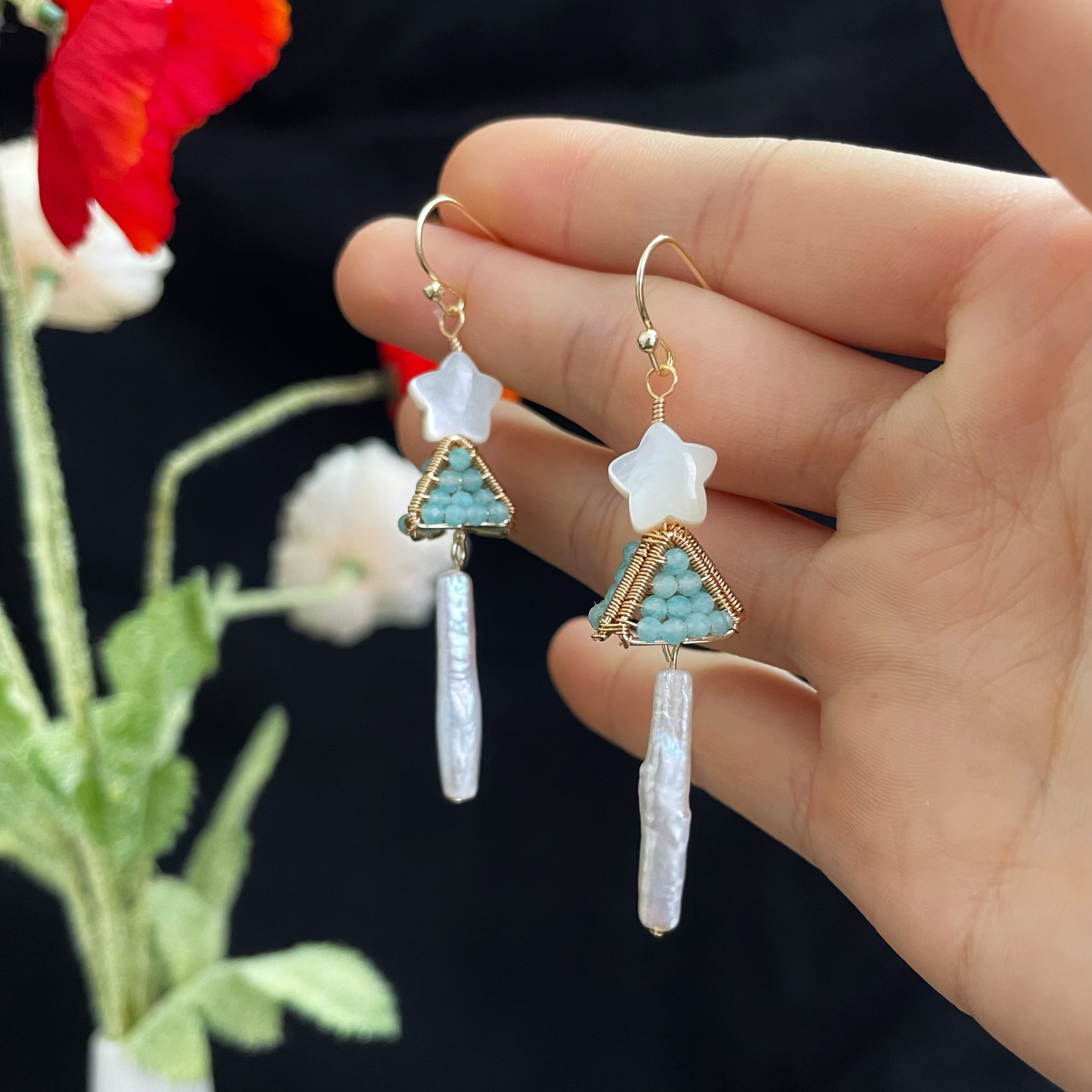 Handcrafted Amazonite Minty Christmas Tree Earrings with Star