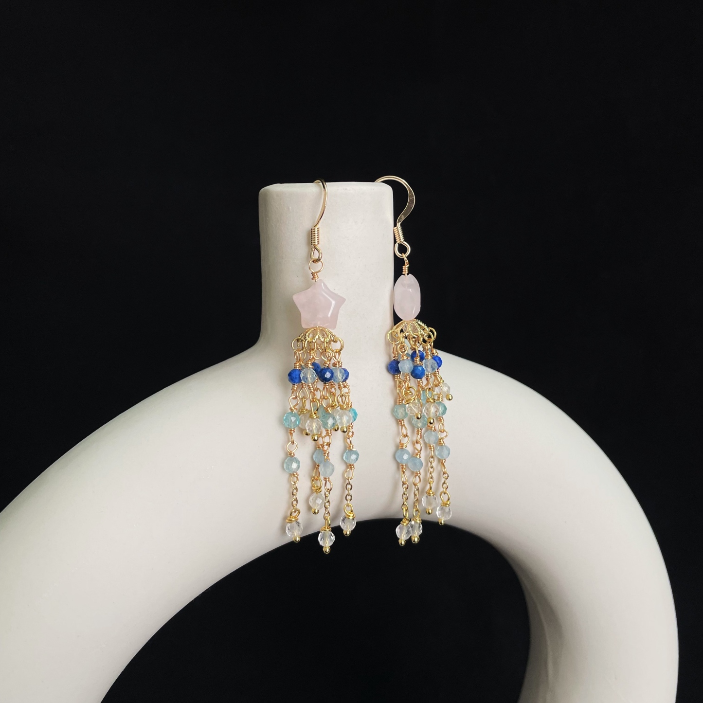Handcrafted Celestial Cascade Rose Quartz Star and Blue Gemstone Tassel Earrings