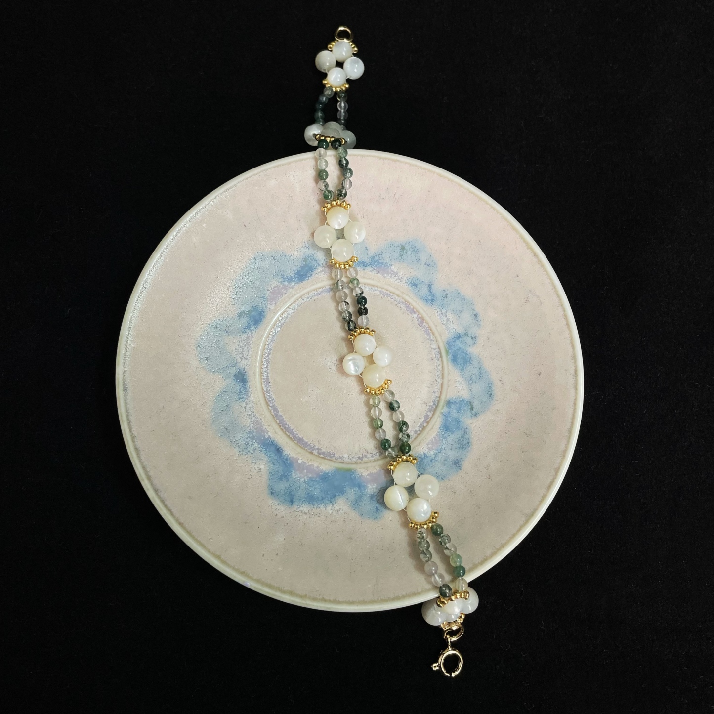 Handcrafted Clover Blossom Bracelet Made of Trochus Shell Beads Moss Agate