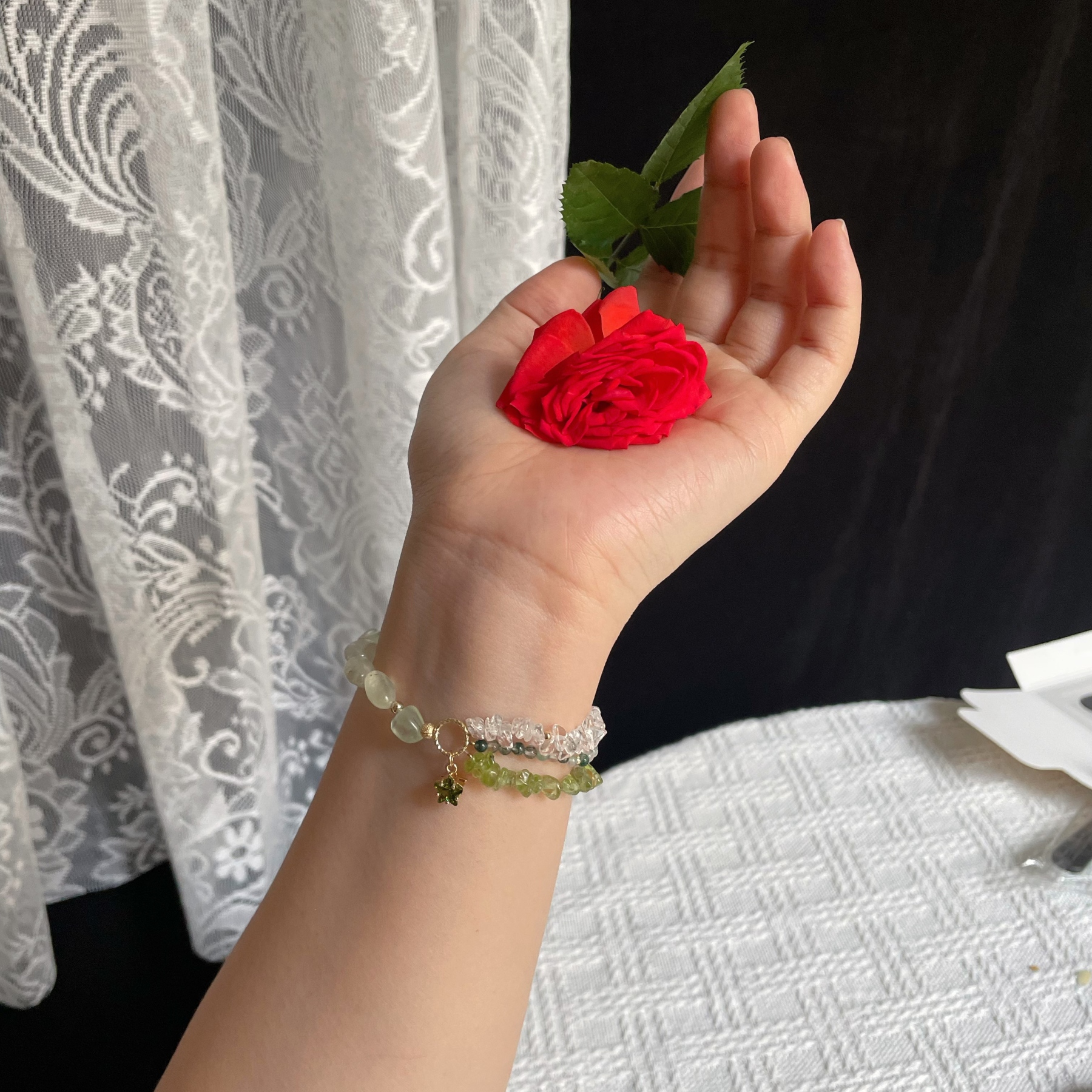 Handmade Forest Star Bracelet Prehnite Peridot Moss Agate and Clear Quartz