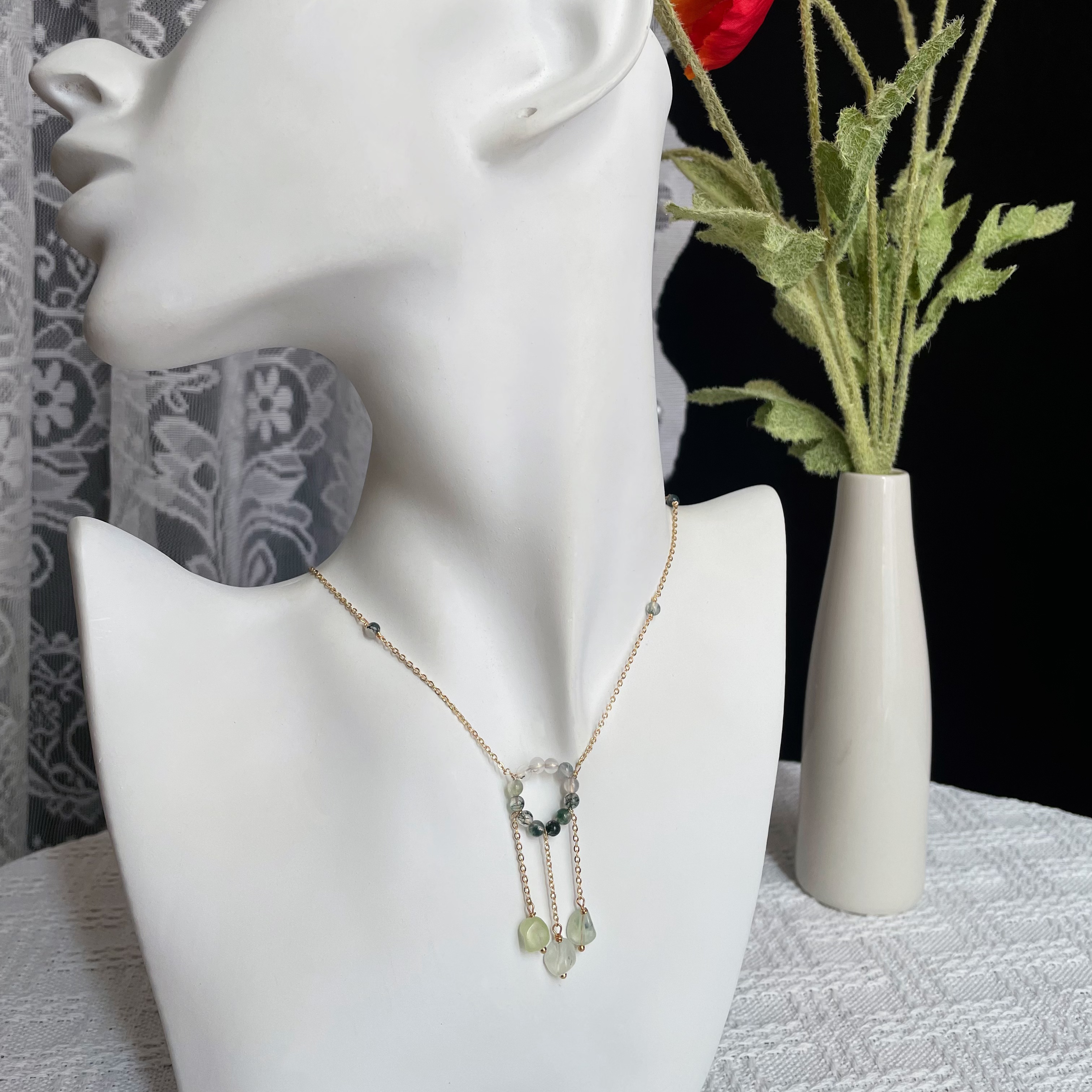 Handmade Whispering Grove Forest Circle Necklace Prehnite and Moss Agate