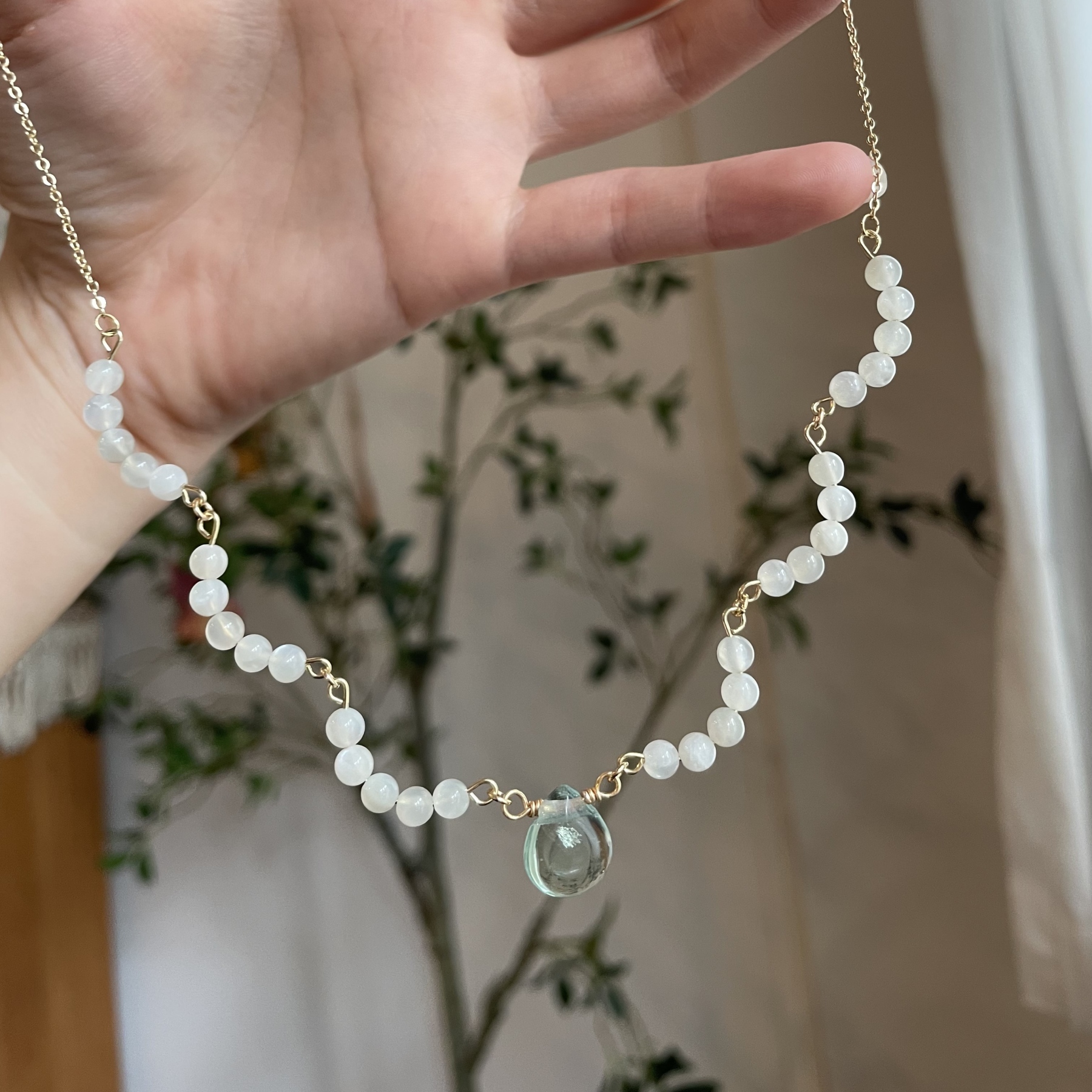 Handmade White Moonstone Blossom with Green Fluorite Teardrop Pendant Necklace