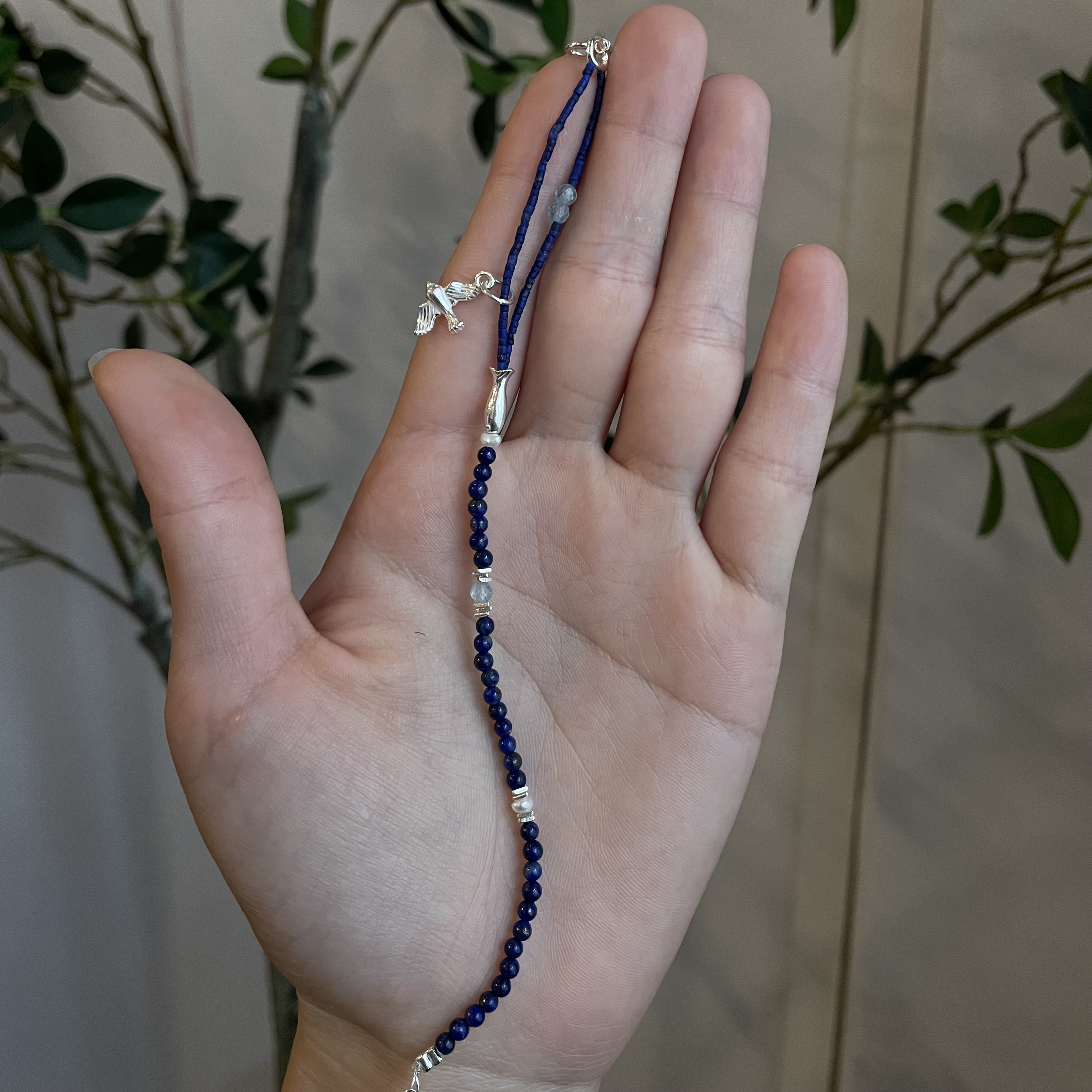Handmade Lapis Lazuli Blue Apatite and Pearls Bracelet with Sterling Silver Bird and Fish Charms