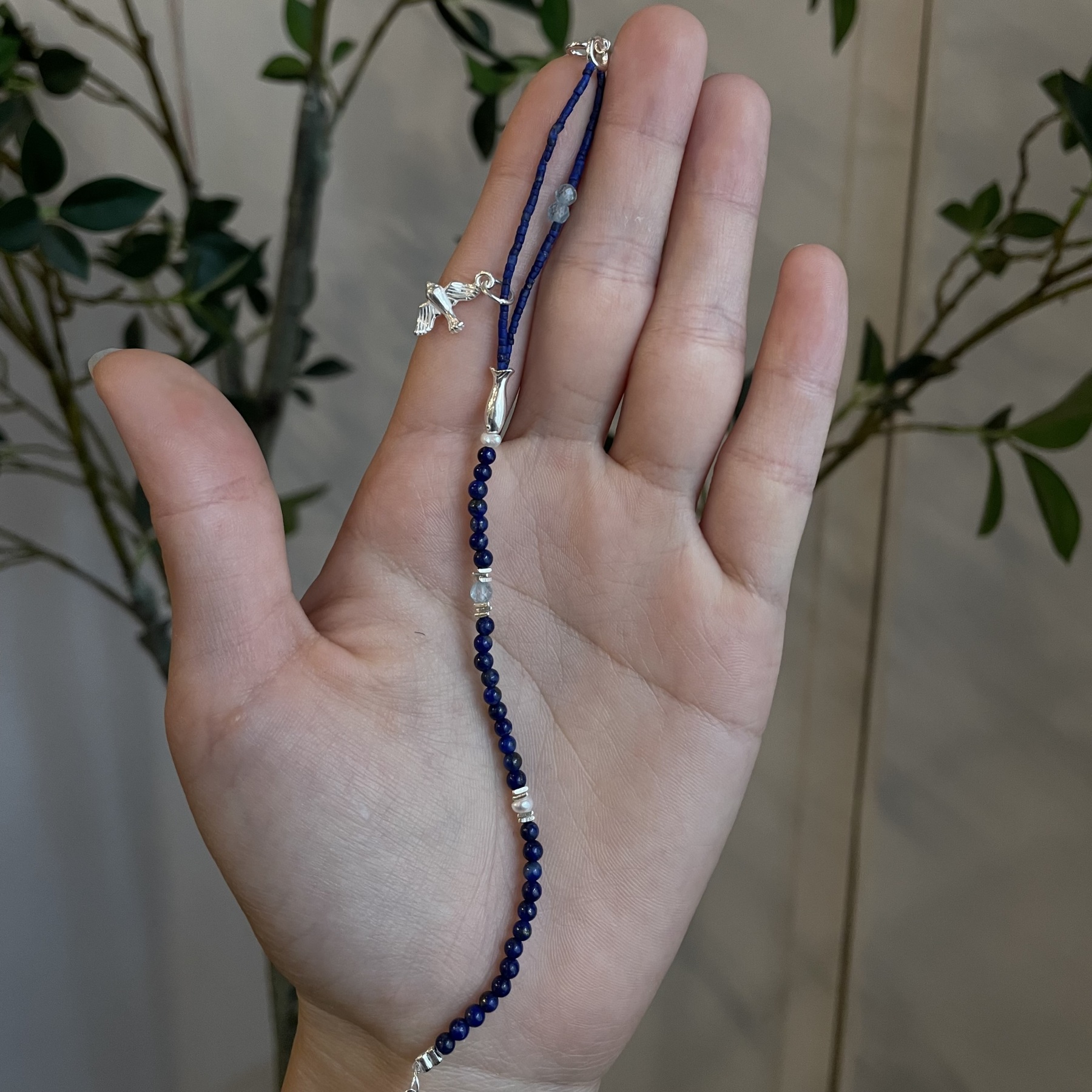 Handmade Lapis Lazuli Blue Apatite and Pearls Bracelet with Sterling Silver Bird and Fish Charms