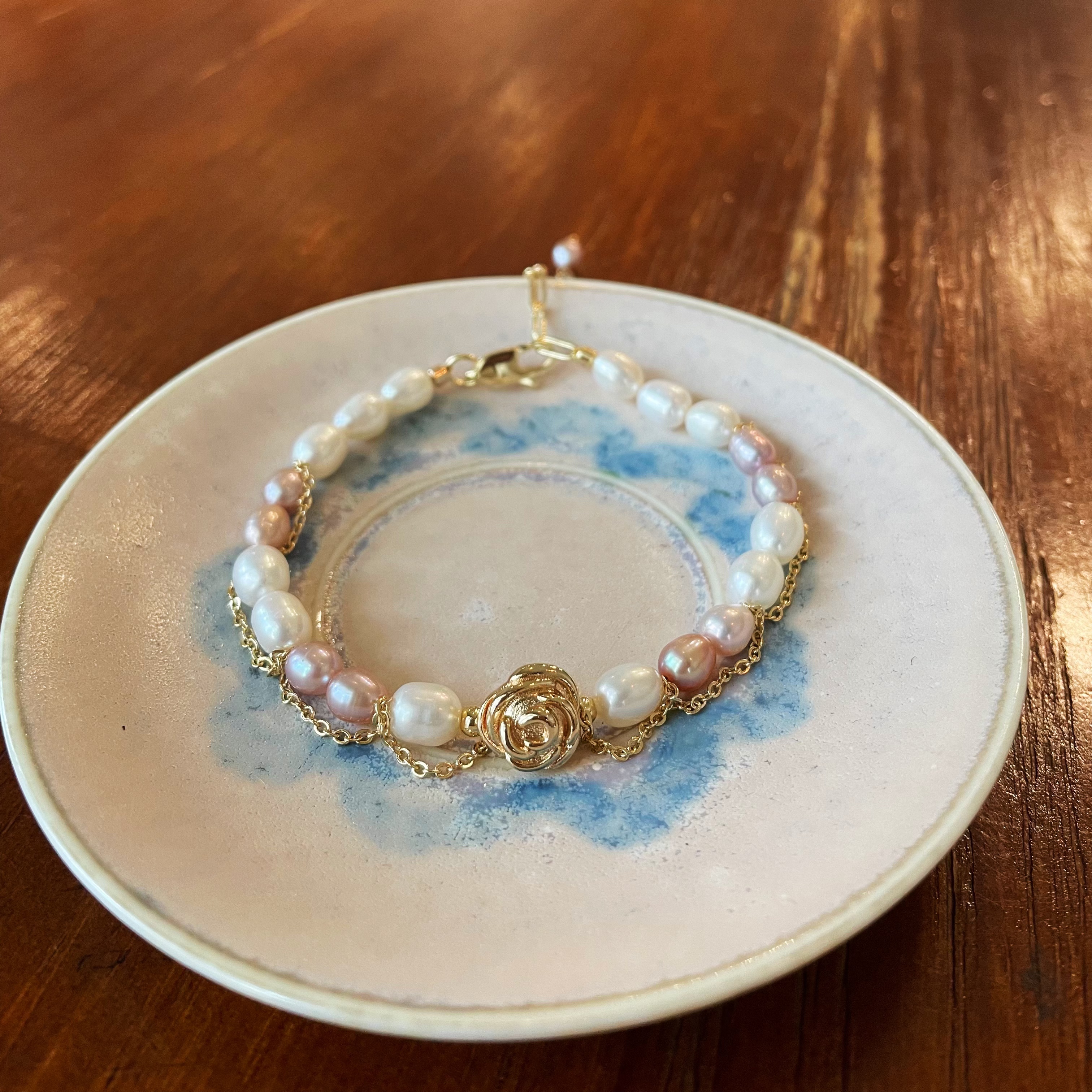 Handmade Elegant White and Purple Freshwater Pearl Bracelet with Rose Accent 