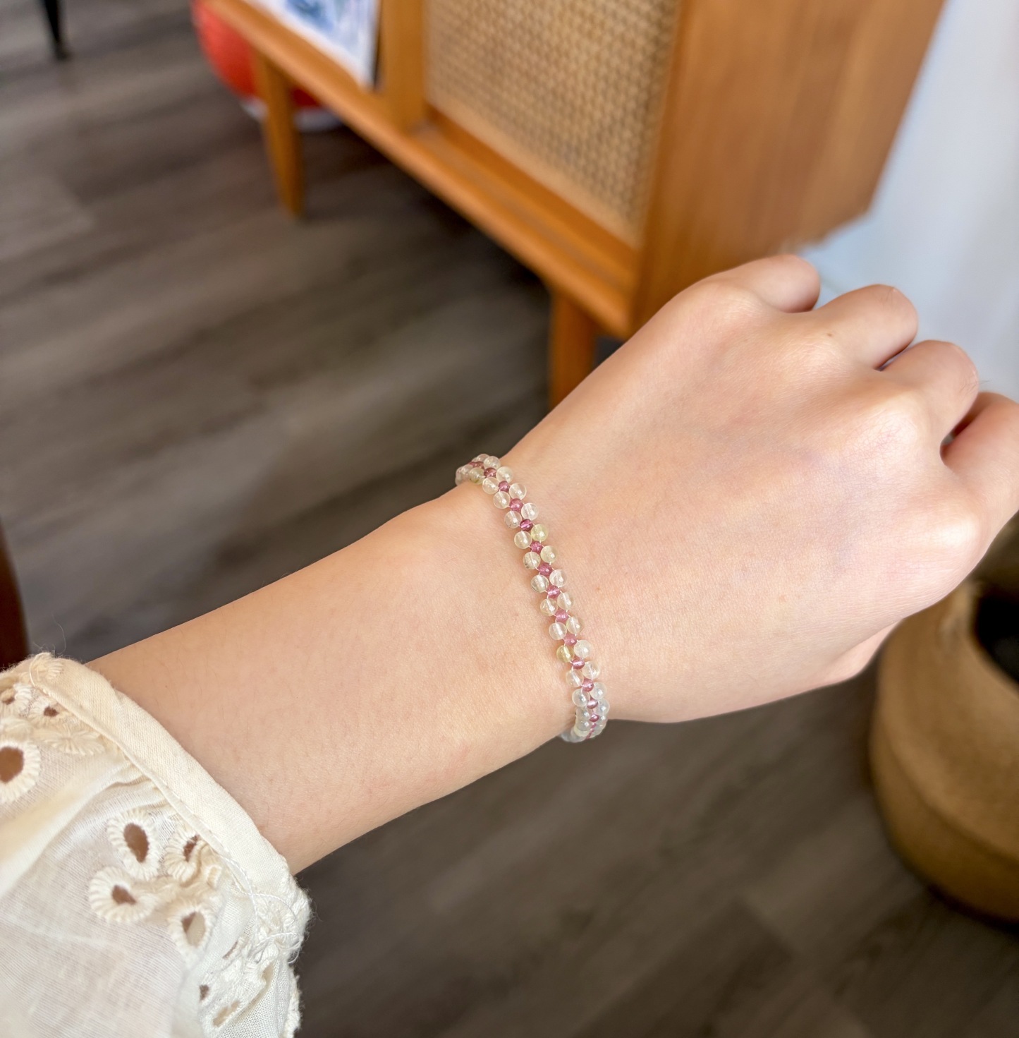 Handmade Prehnite and Pink Tourmaline Beaded Woven Bracelet Custom Size