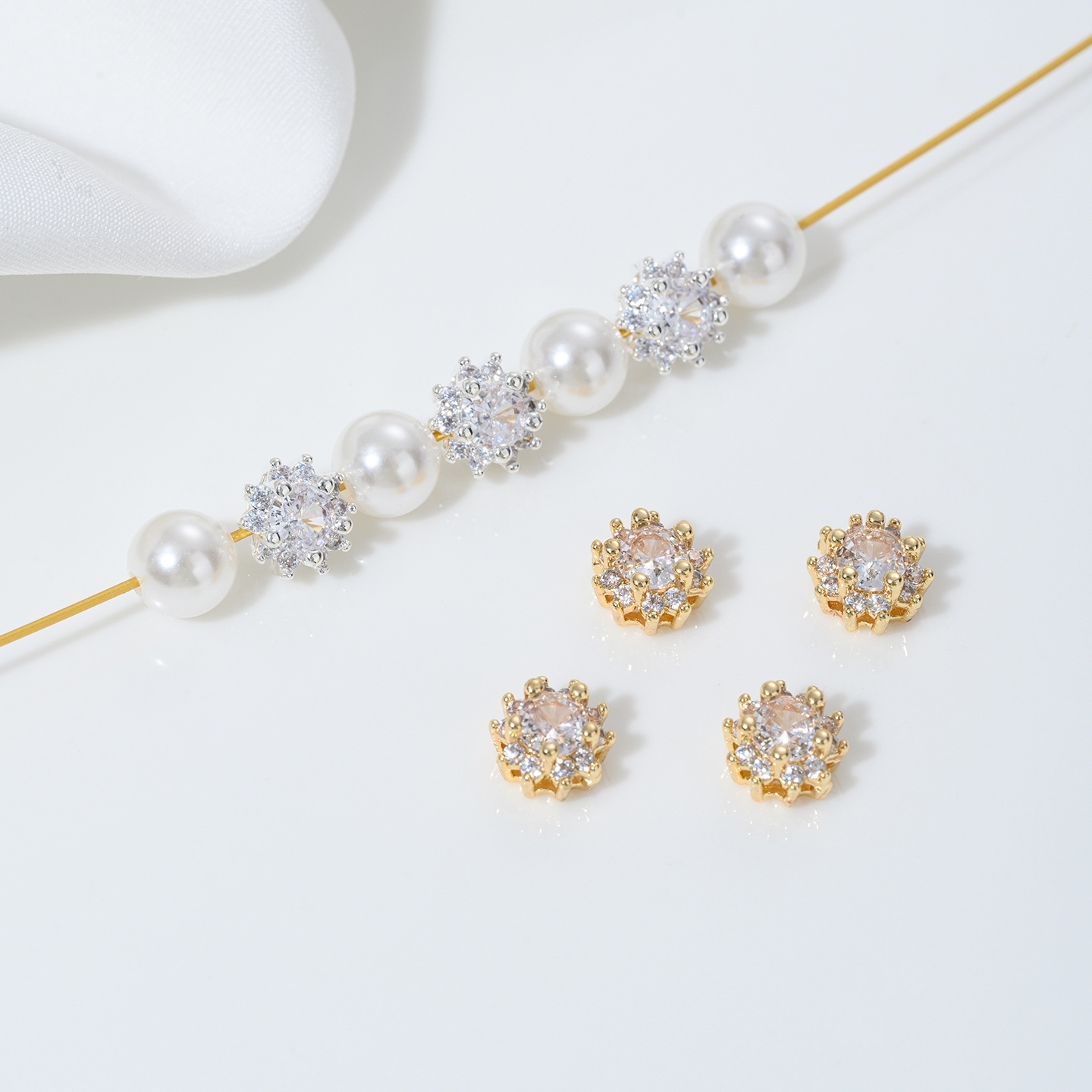 Cubic Zirconia Inlaid Gold Plated Multiple Holes Flower Spacer Bead