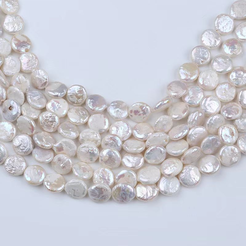 Round Flat Coin Natural Freshwater Pearls Strand