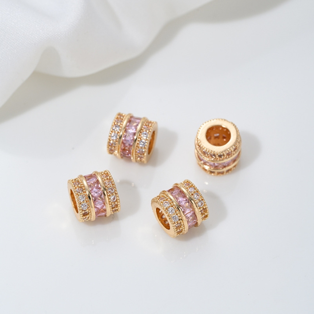 Zirconia Inlaid Gold Plated Cylindrical Spacer Beads 7*7*8mm Multiple Color