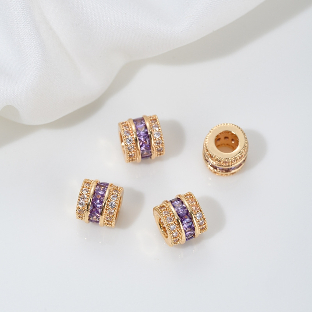 Zirconia Inlaid Gold Plated Cylindrical Spacer Beads 7*7*8mm Multiple Color