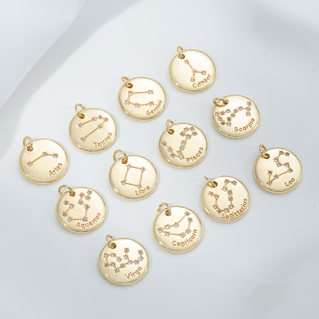 15.5mm Zircon Inlaid 12 Constellations Round Coin Charms Pendant